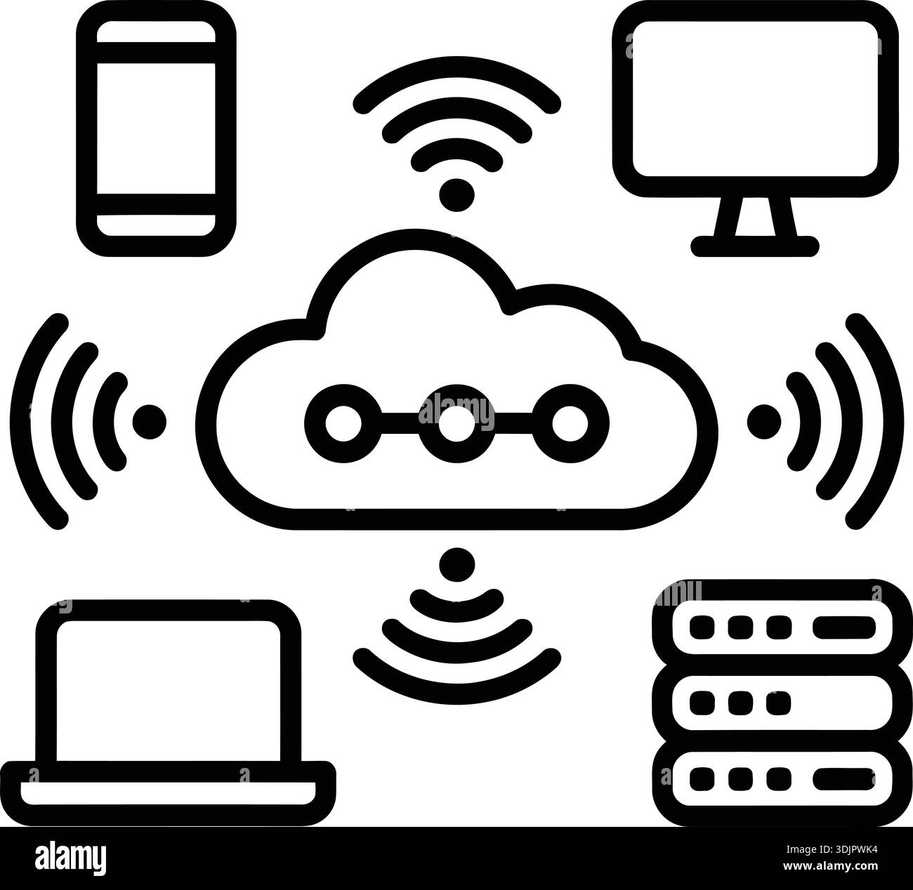 Icône de réseau de Cloud Computing avec des périphériques connectés tels que smartphone, moniteur, ordinateur portable et serveur, illustrant la synchronisation des données et le... Illustration de Vecteur
