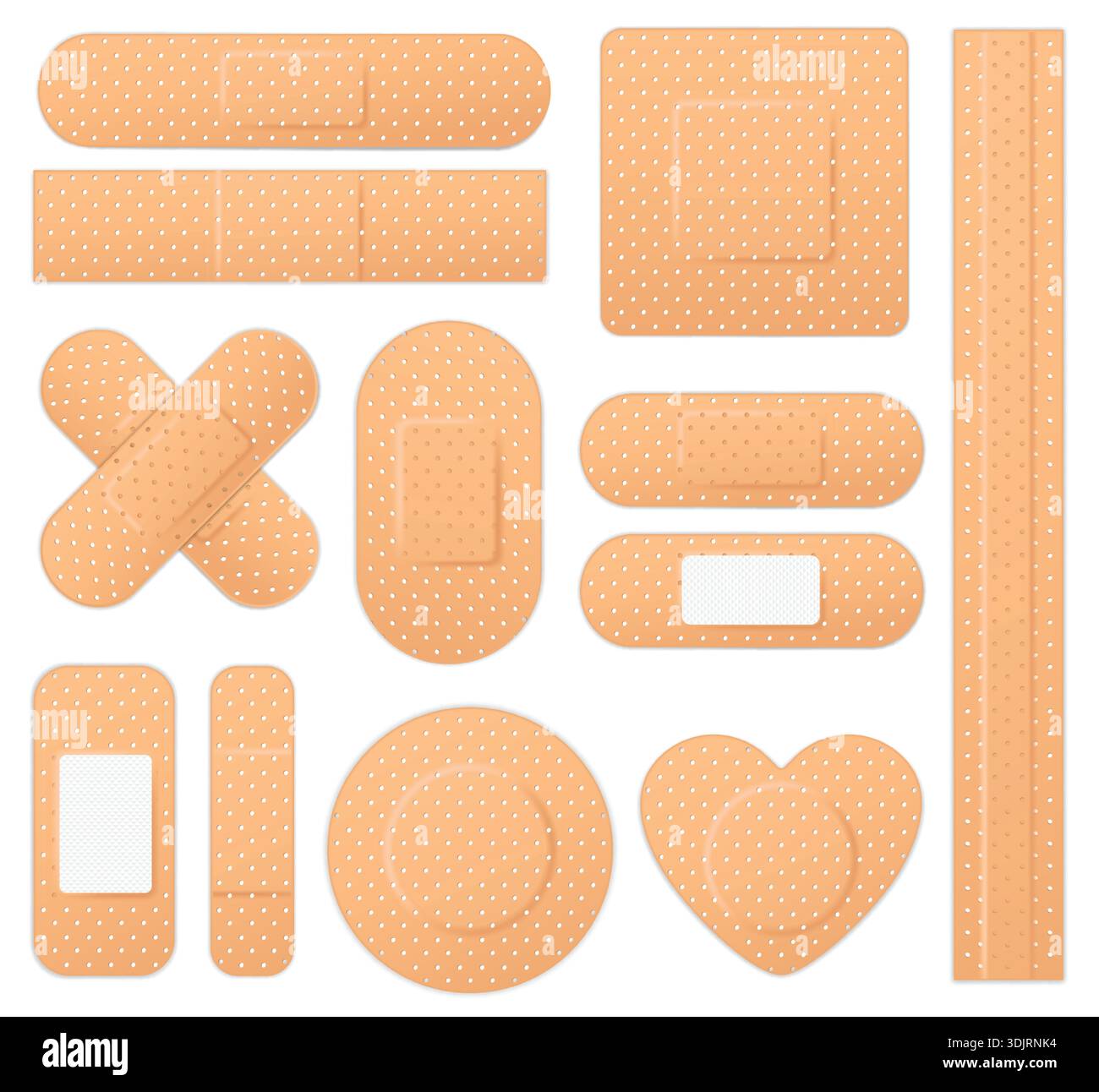 Bandage de premiers soins de plâtre médical réaliste, bande adhésive, patch de médecine. Bandoulière pour plaie et blessure, ruban adhésif. Trousse de premiers soins pour les accidents. Cure d'urgence et guérison. Ensemble de vecteurs. Illustration de Vecteur