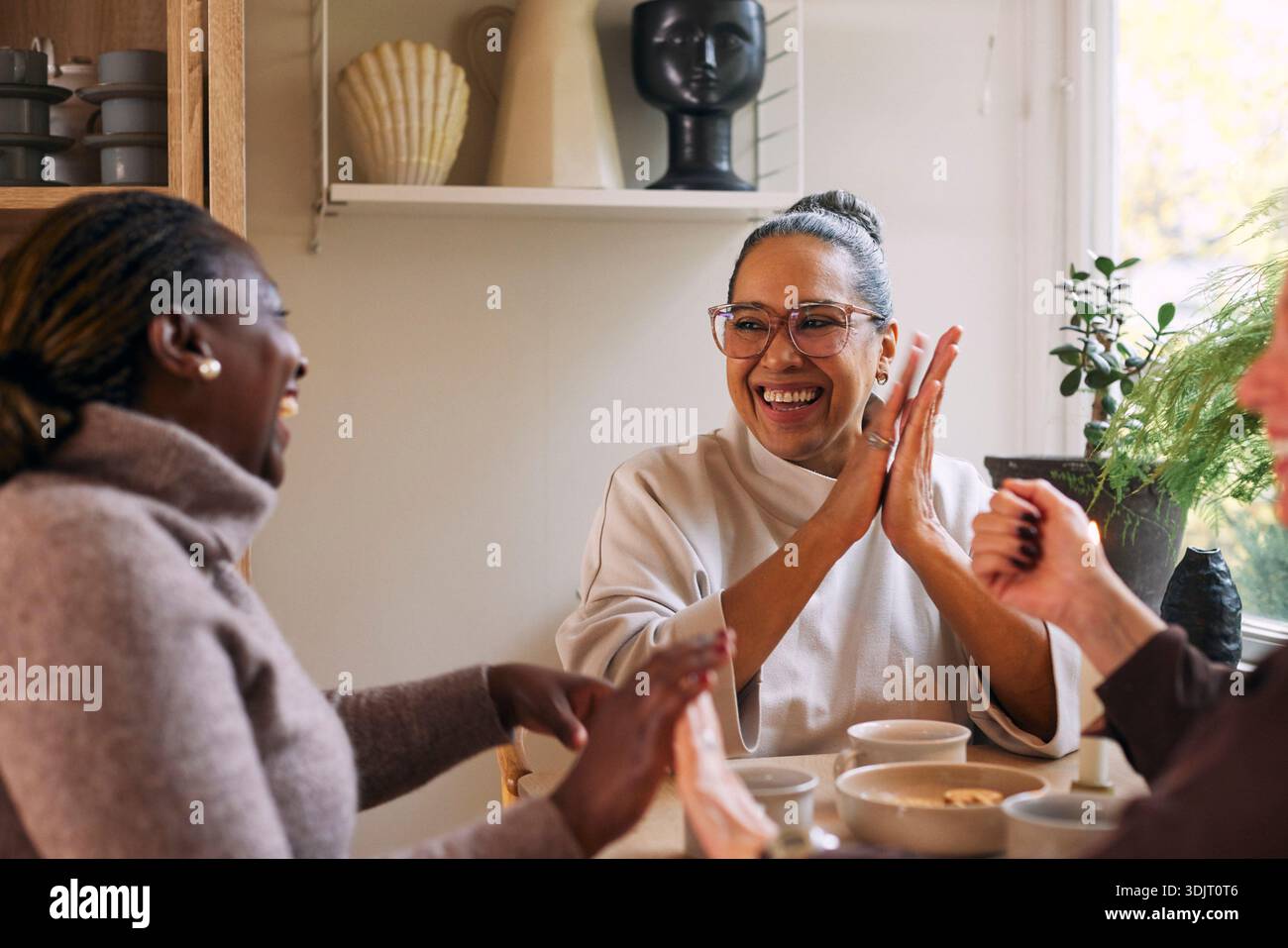 Heureuse femme mature appréciant avec des amis d'enfance à la maison Banque D'Images