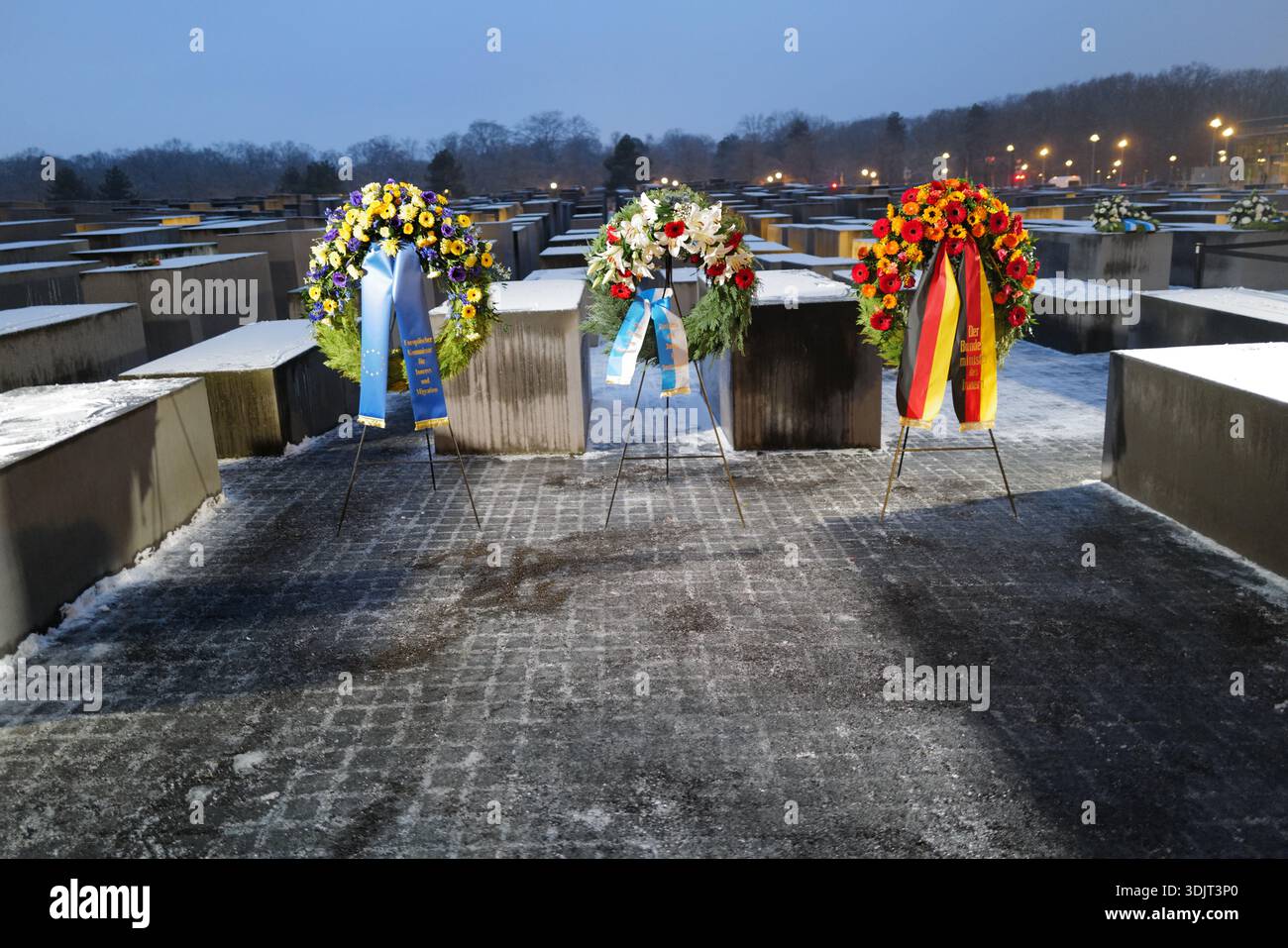 Couronnes vues au mémorial de l'Holocauste à Berlin le jour du souvenir. Banque D'Images