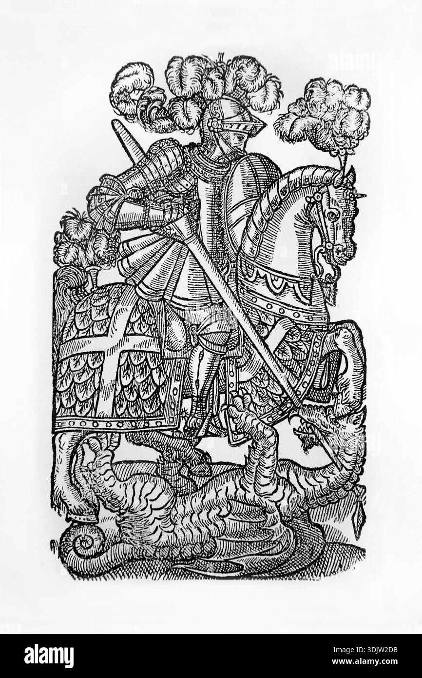 Illustration du Chevalier de la Croix-Rouge le protagoniste du Livre 1 du poème la Faerie Queene troisième édition 1598 par Edmund Spenser le personnage représ Banque D'Images
