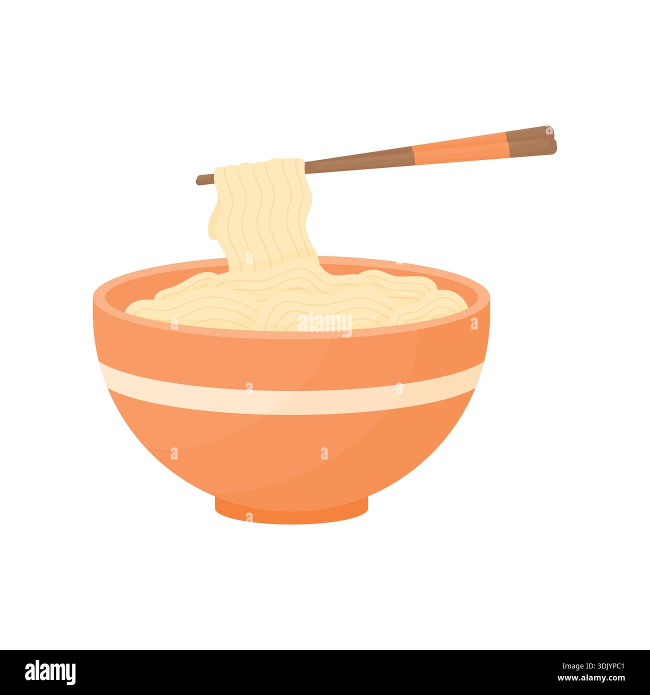 Une assiette pleine de nouilles avec des baguettes dans un bol rouge sur un fond blanc. Concept de cuisine asiatique. Illustration de Vecteur