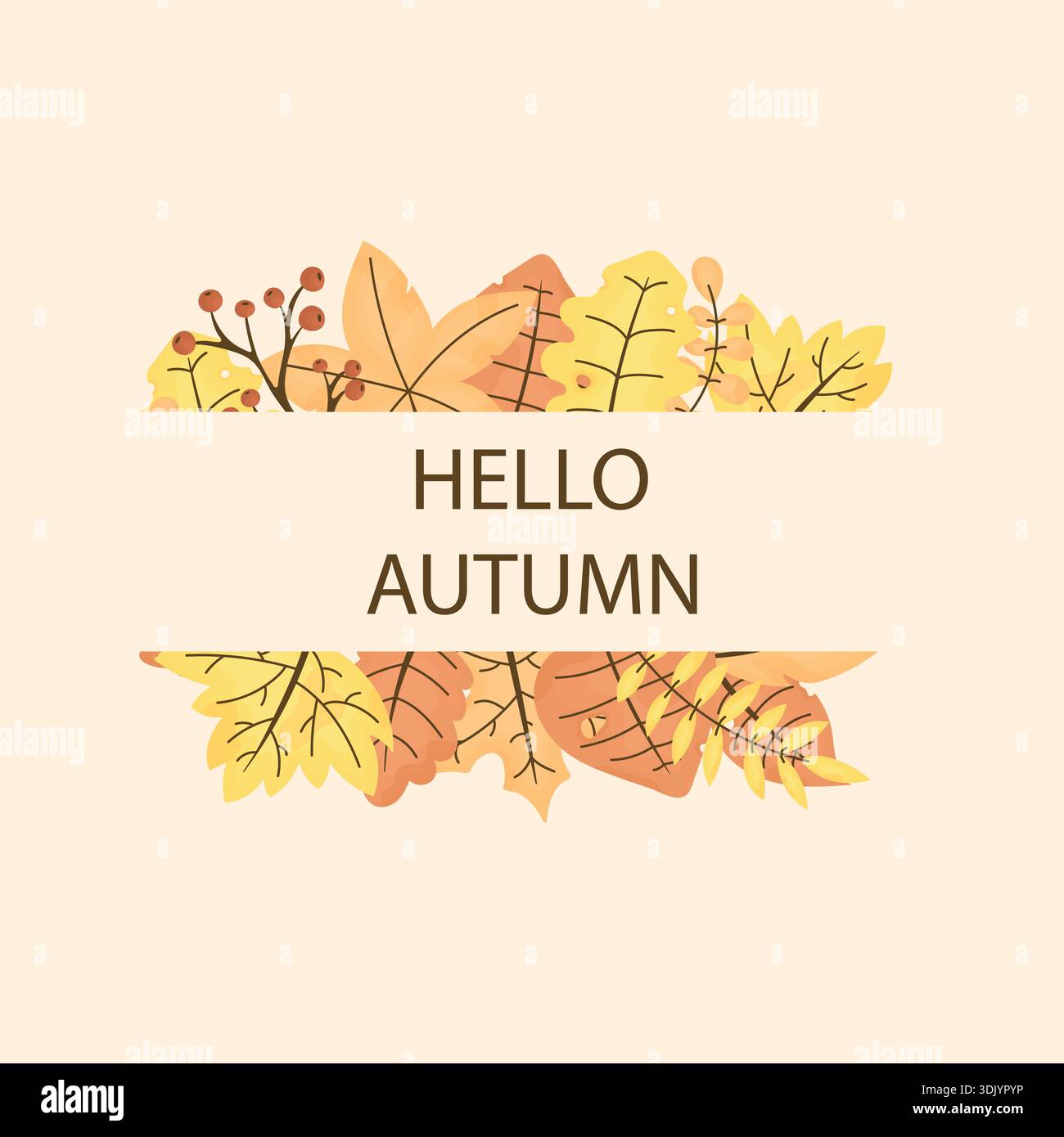 Inscription bonjour automne avec feuilles rouges jaunes d'automne. Belle carte postale confortable. Illustration de Vecteur