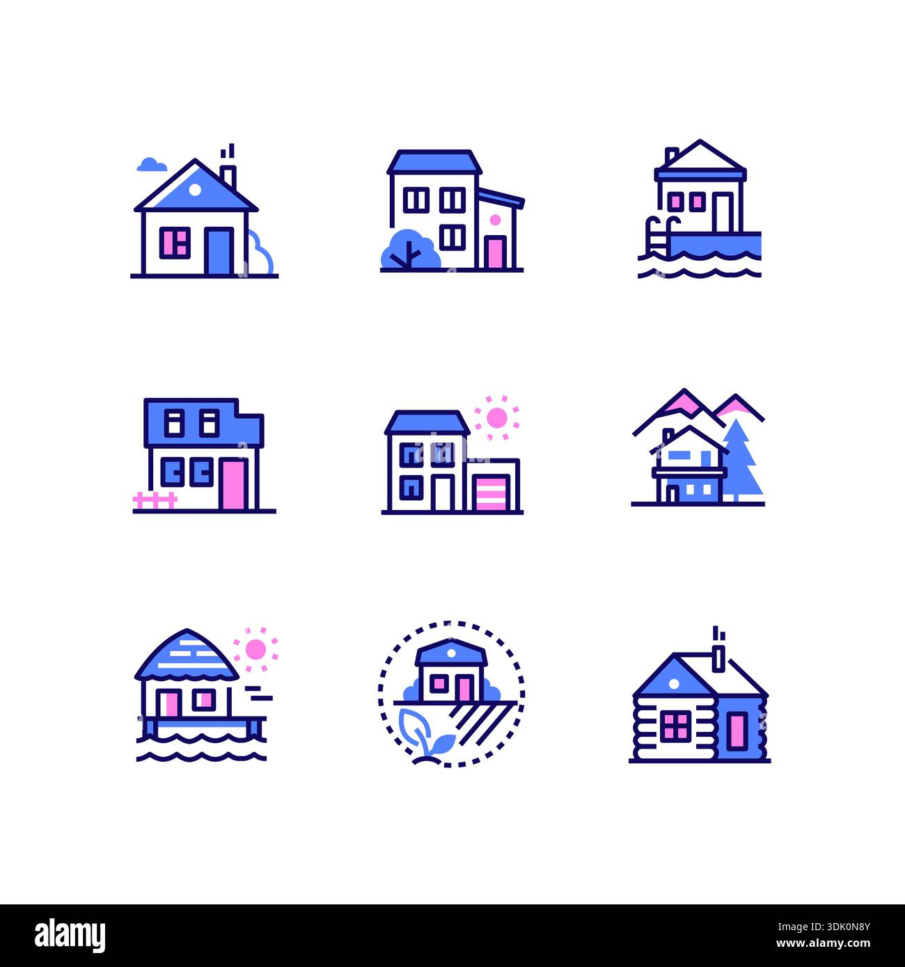 Maisons cottage - décor moderne style ligne icônes ensemble Illustration de Vecteur