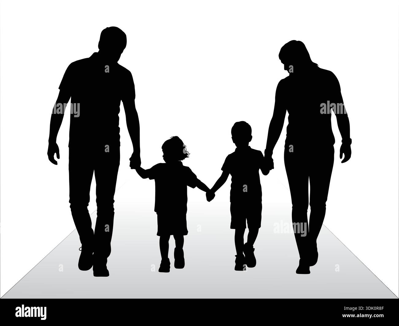 silhouette familiale heureuse, silhouette noire vectorielle de la marche familiale, silhouette de la famille Illustration de Vecteur