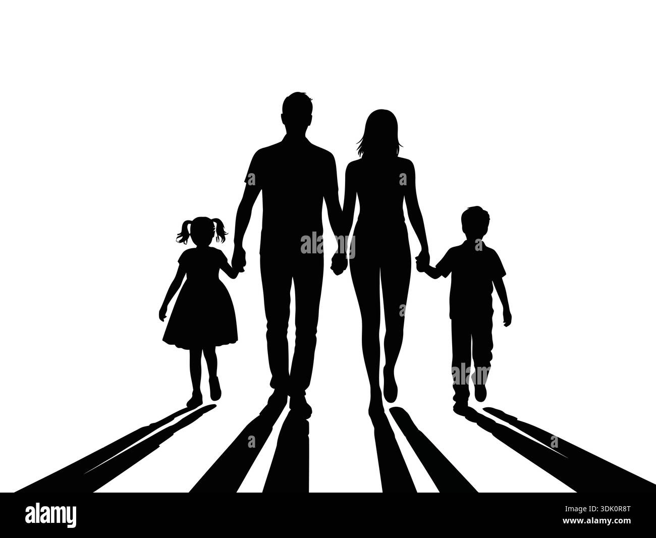 silhouette familiale heureuse, silhouette noire vectorielle de la marche familiale, silhouette de la famille Illustration de Vecteur