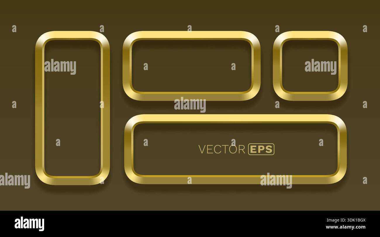 Luxueux ensemble de cadres dorés brillants et de boutons avec effet métallique 3D, idéal pour les éléments de design Web. Illustration vectorielle. Illustration de Vecteur