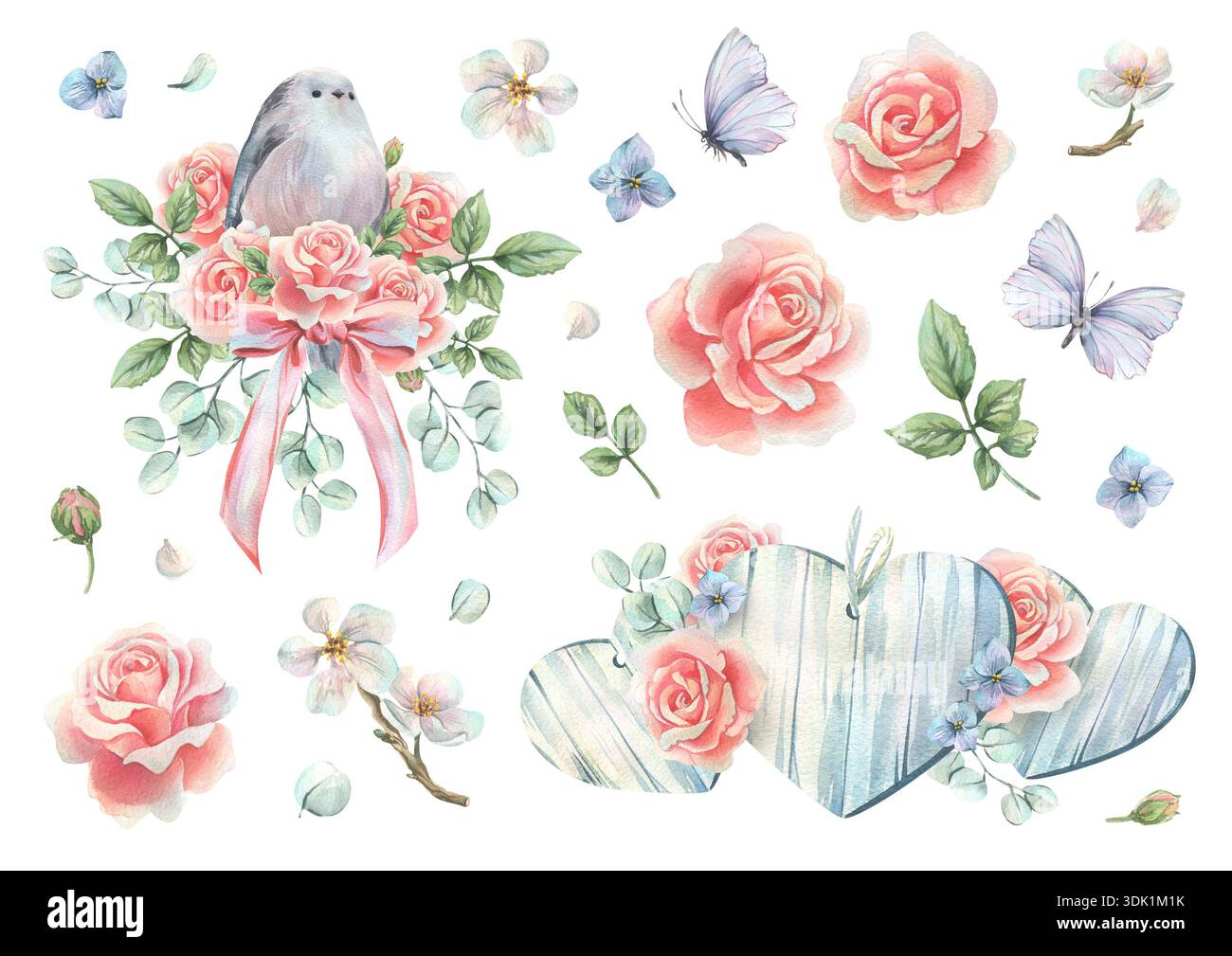 Coeurs en bois et titsouris avec des roses, des fleurs et des papillons dans des couleurs pastel délicates. Illustration d'aquarelle dessinée à la main. Lot d'autocollants, un ensemble de Banque D'Images