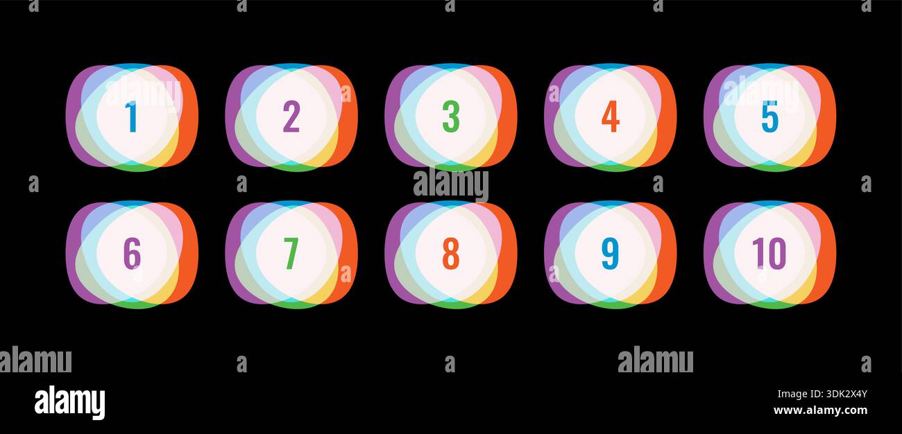 formes géométriques colorées et numéros 1-10 sur fond noir. Illustration de Vecteur