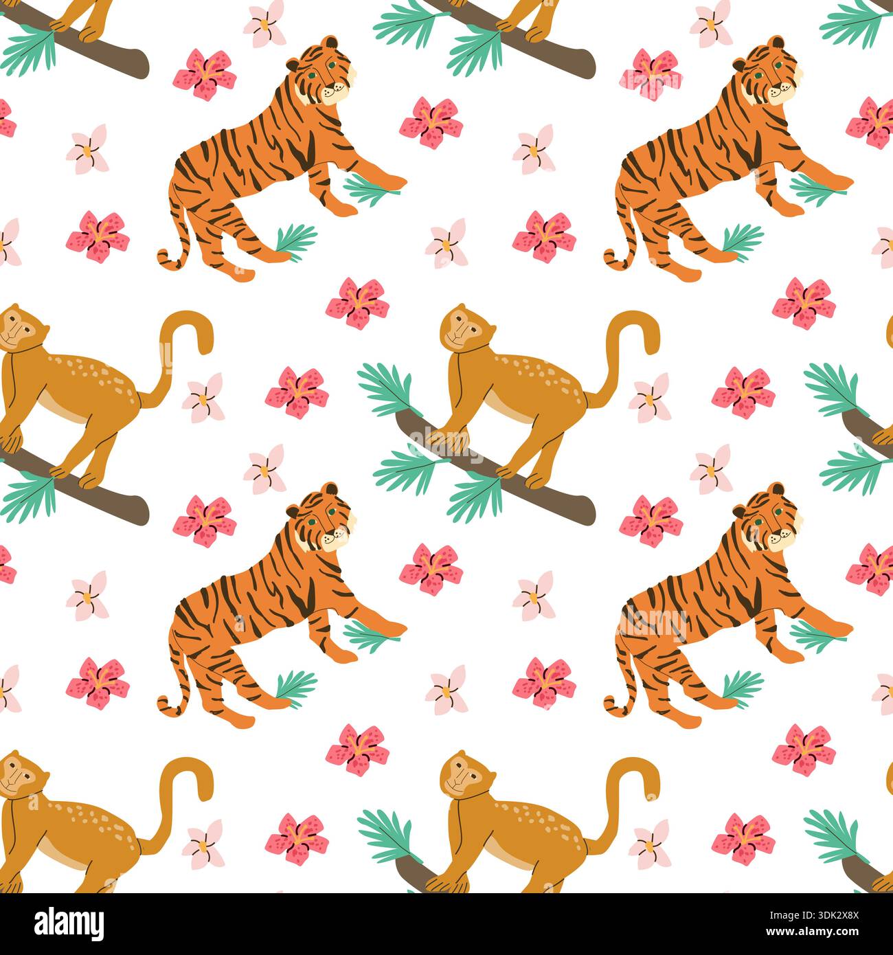 Abstrait tigre du bengale et singe avec des fleurs sans couture motif. Joli imprimé animal fleuri dans un style plat de dessin animé. Illustration vectorielle sur fond blanc Illustration de Vecteur