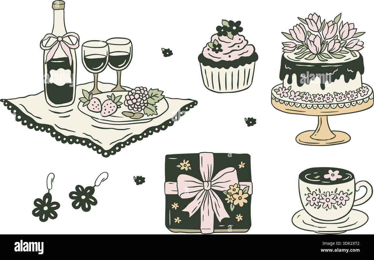 Spring Coquette dessiné à la main Doodle Sketch ensemble fantaisiste avec pique-nique, boîte cadeau, boucles d'oreilles, Cupcake, gâteau d'anniversaire et boisson à thé Illustration de Vecteur