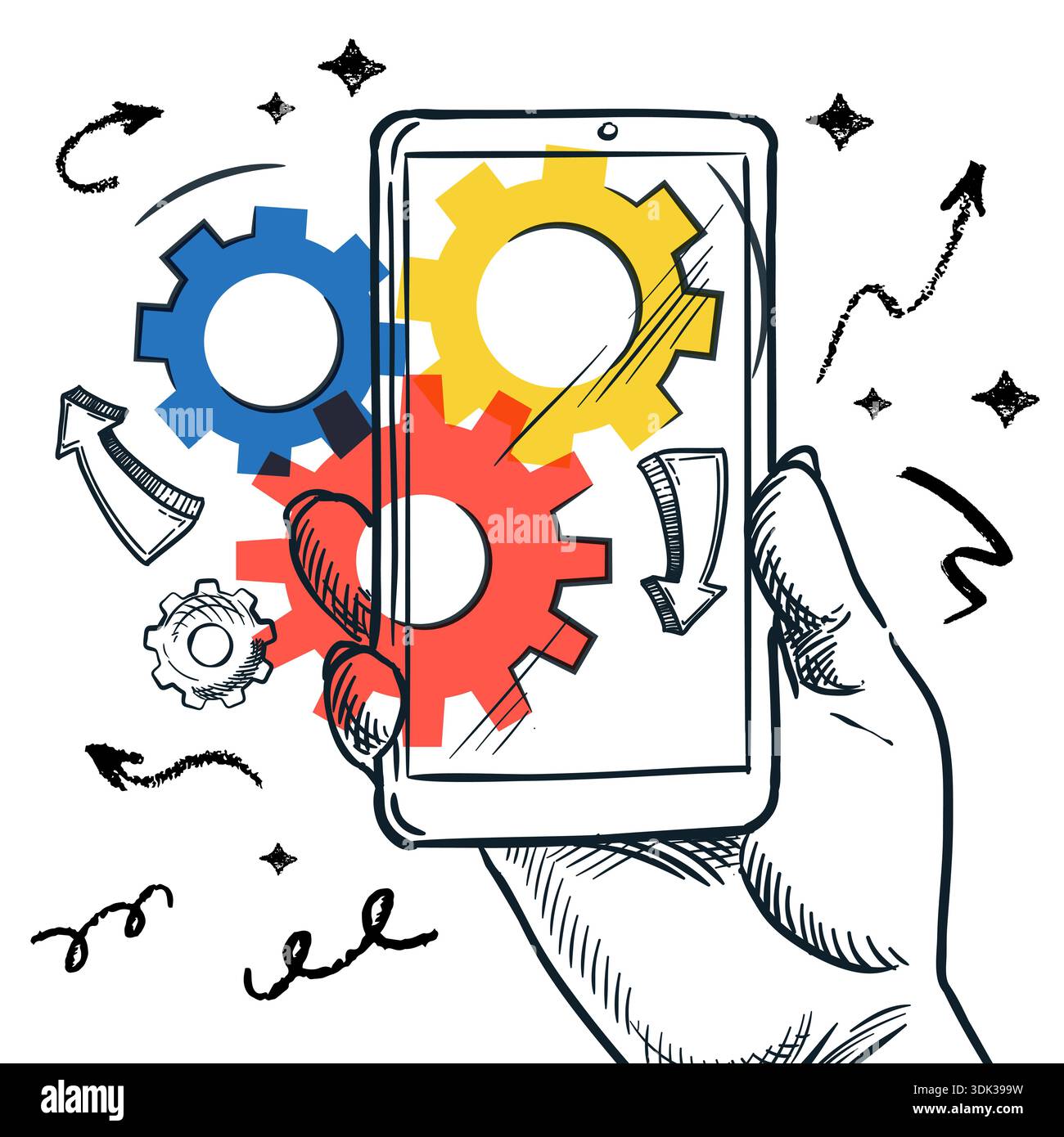 Main humaine tenant un smartphone avec des engrenages colorés. Illustration vectorielle de collage d'esquisse dessinée à la main. Technologie numérique, développement d'applications, innovation, WOR Illustration de Vecteur