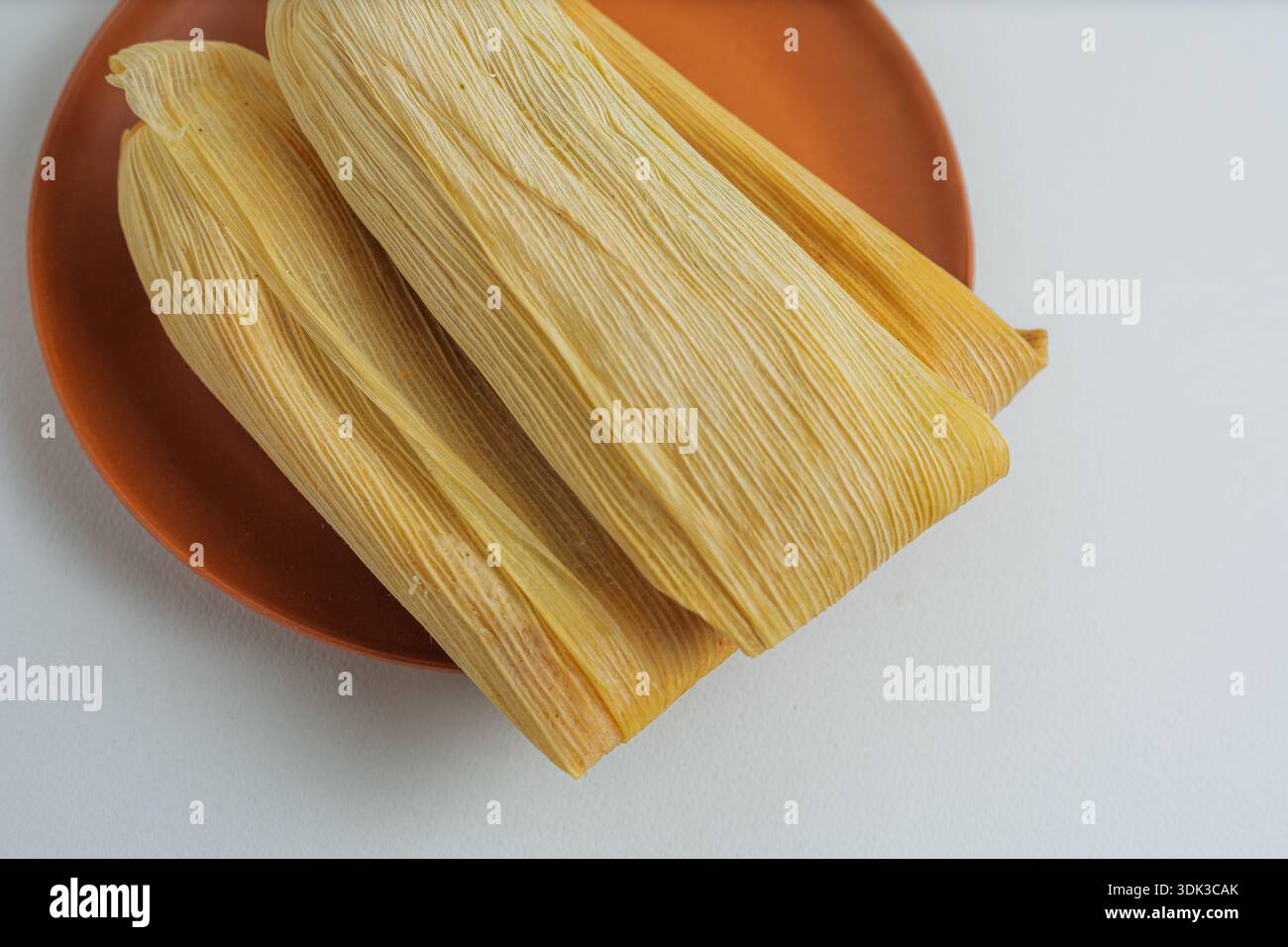 Composition horizontale de deux tamales enveloppés de balle de maïs sur une plaque orange, isolés sur fond blanc avec espace de copie latéral. Banque D'Images