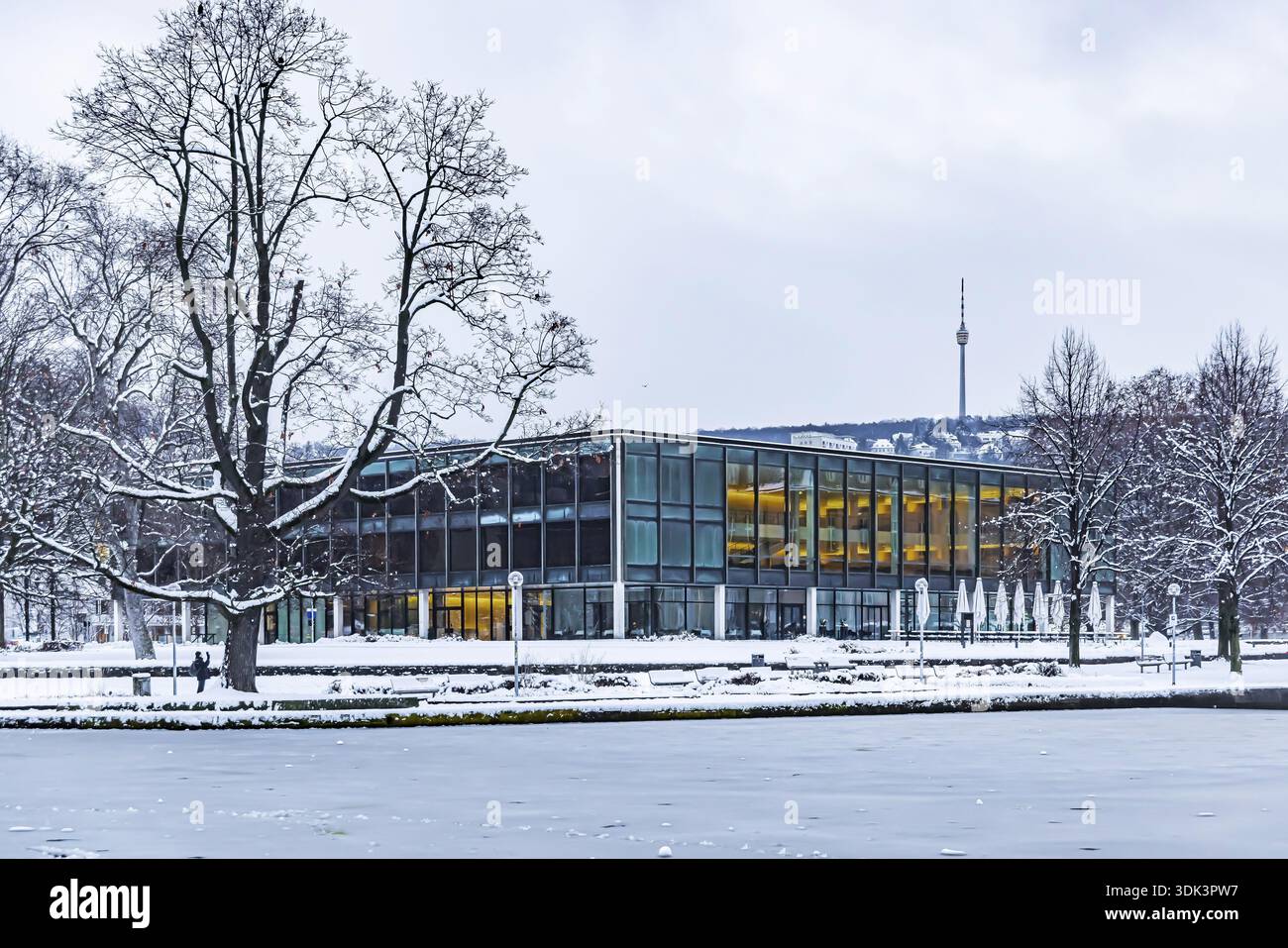 Vue extérieure du parlement de l'État avec Eckensee et tour de télévision. Hiver à Stuttgart. La ville est blanche hivernale tôt le matin. Banque D'Images