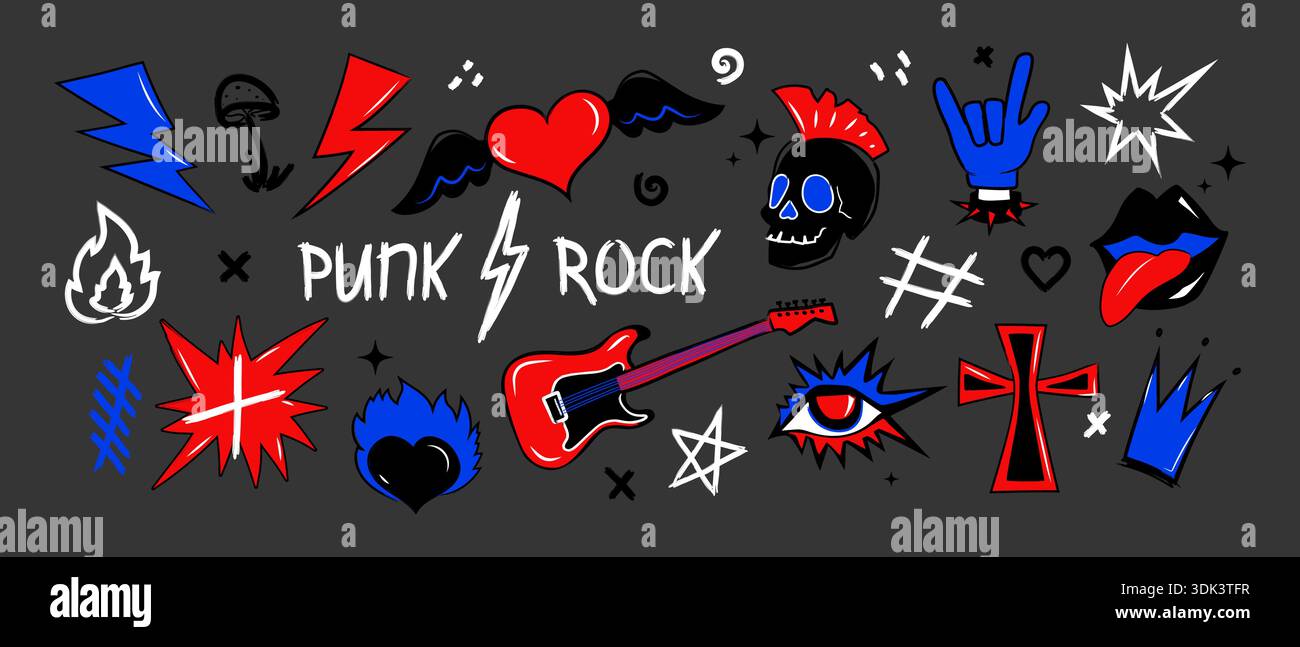 Éléments grunge de musique punk rock dans le style emo gothique, autocollants graffiti griffonnés de Doodle Set, illustrations vectorielles punk rock tatouées dessinées à la main Illustration de Vecteur