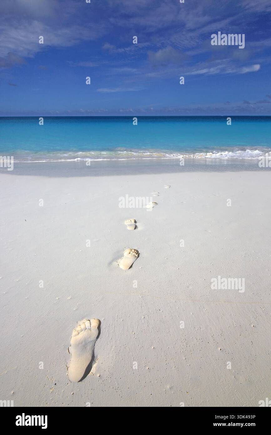 Empreintes dans le sable, plage des Caraïbes, Cap Santa Maria, long Island, Bahamas Banque D'Images