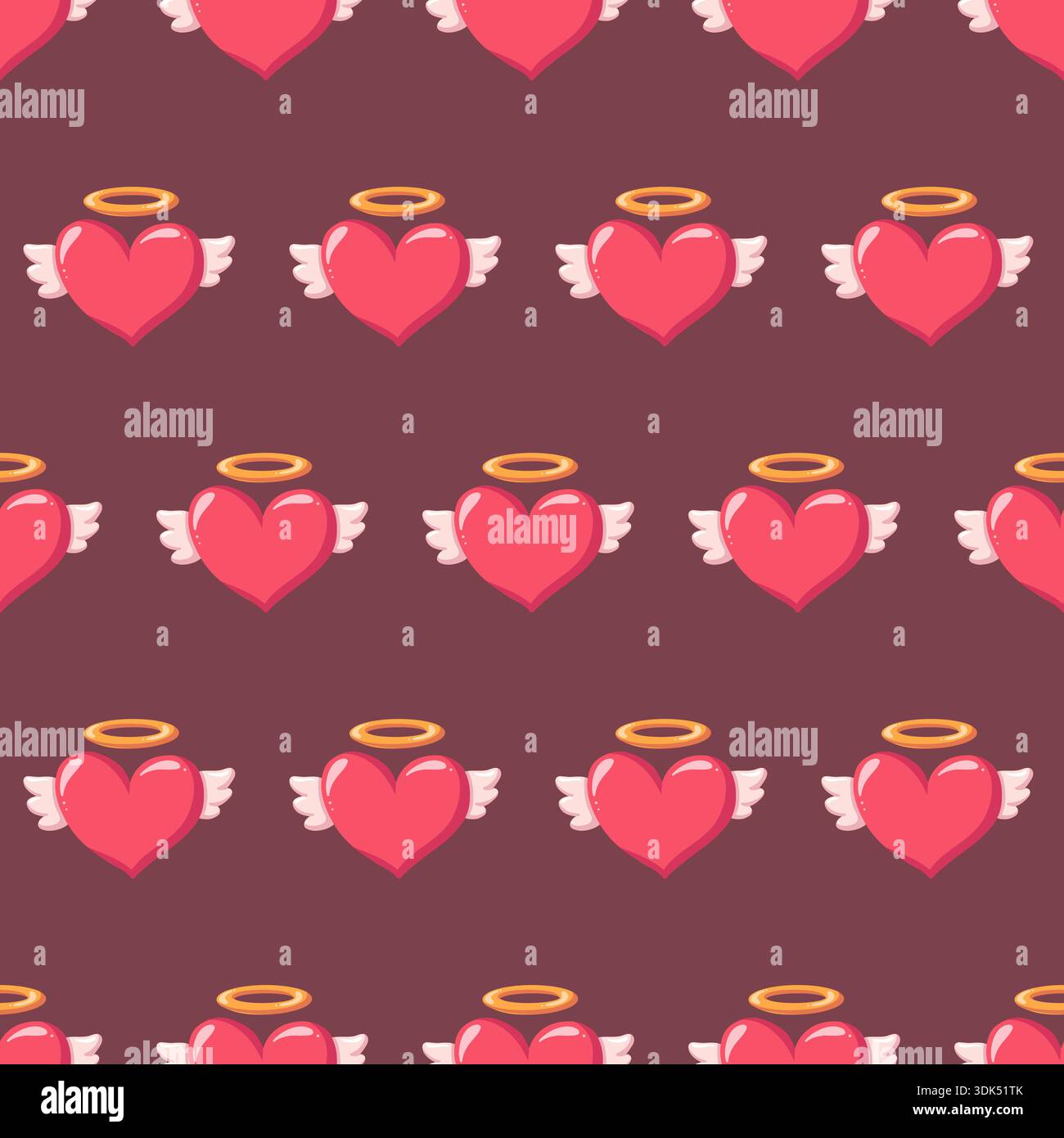 Motif de coeur d'ange dessiné à la main sans couture avec des coeurs romantiques avec des ailes et des halos dorés. Fond de vecteur de dessin animé Illustration de Vecteur