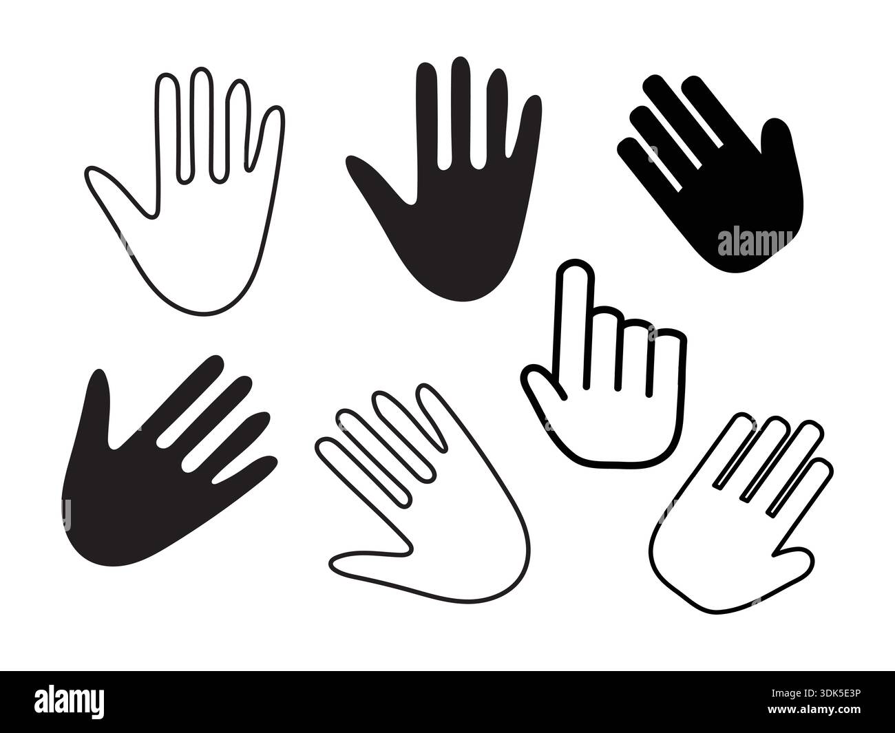 Silhouettes de main et paumes ouvertes dans diverses positions pour Gesture et communication. Illustration de Vecteur