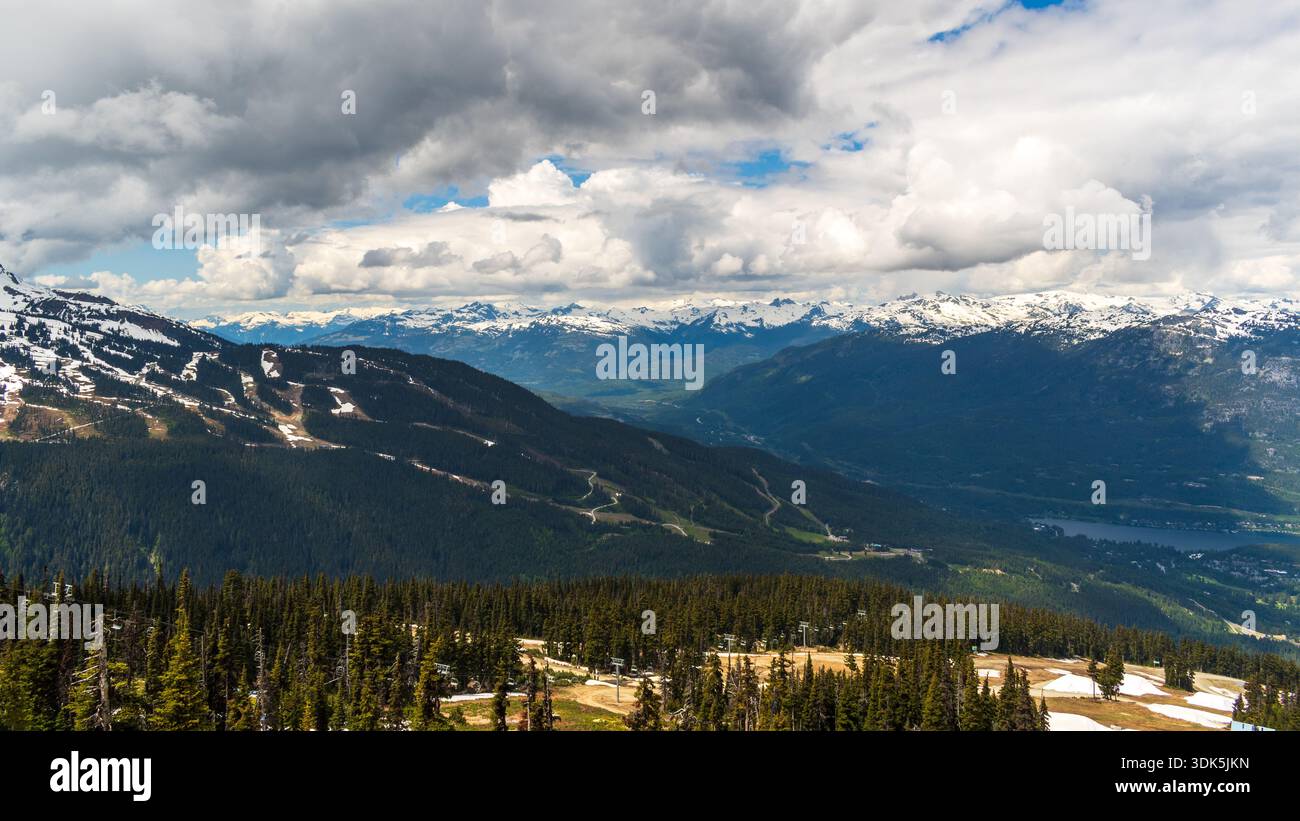 Whistler, BC Canada - 19 juin 2024 : pistes de ski dans une vallée large et sans neige sous les montagnes lointaines de Whistler sous le ciel nuageux. Banque D'Images