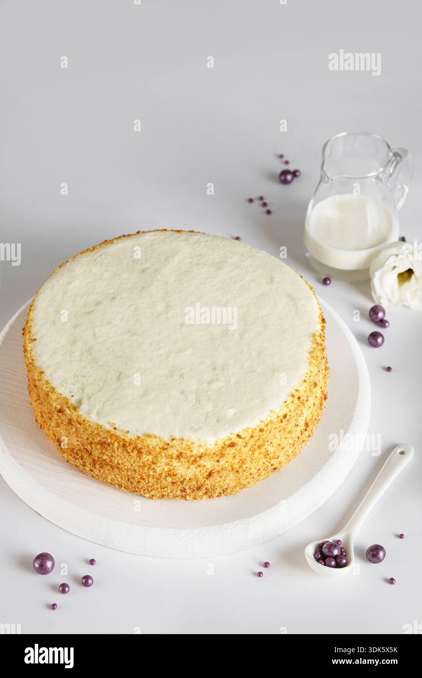 Gâteau éponge luxuriant orné de pichet de lait et ambiance douce Banque D'Images