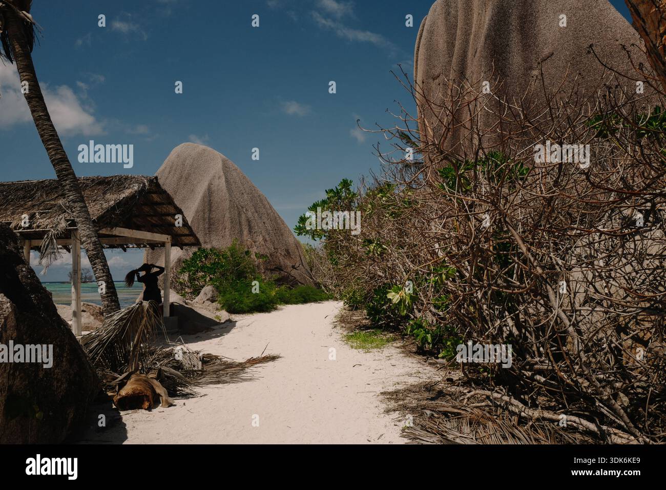 Silhouette de femme peignant les cheveux sur le sentier côtier parmi les rochers géants Banque D'Images