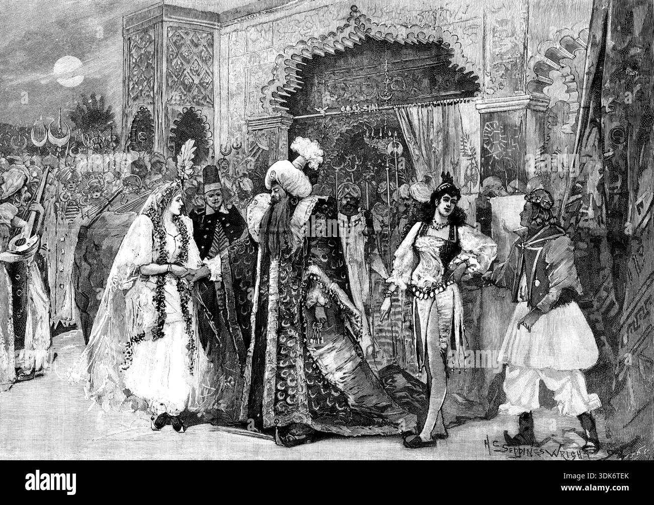 "Blue Beard", au Crystal Palace : le mariage de Blue Beard et Fatima, 1895. Production scénique de Londres. 'La pantomime Crystal Palace, inventée par Oscar Barrett et écrite par Horace Lennard, est sur le sujet de "Blue Beard". Comme c’est toujours le cas chez Sydenham, le divertissement se distingue par son bon goût, sa bonne musique et son illustration fantaisiste. Un grand succès a été fait par Miss Sophie Harris, une belle actrice australienne avec une belle voix ; et M.R. Lionel Rignold est un grand favori populaire. La scène de transformation est magnifique. » De « Illustrated Banque D'Images