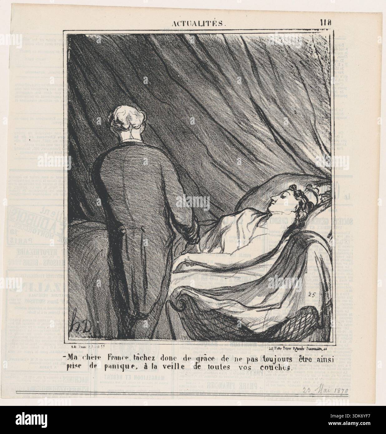 Ma CHère France, lâchez donc de grâce de ne pas toujours être ainsi prise de panique..., 1870. ...à ; la veille de toutes vos couches. (Ma chère France, s'il vous plaît cesser d'être si paniqué tout le temps, à la veille de chaque livraison !). Docteur prend le pouls de la figure allégorique de la France, avec berceau à côté d'elle. Extrait d'Actualités (nouvelles du jour), paru dans le Charivari, 23 mai 1870. Banque D'Images