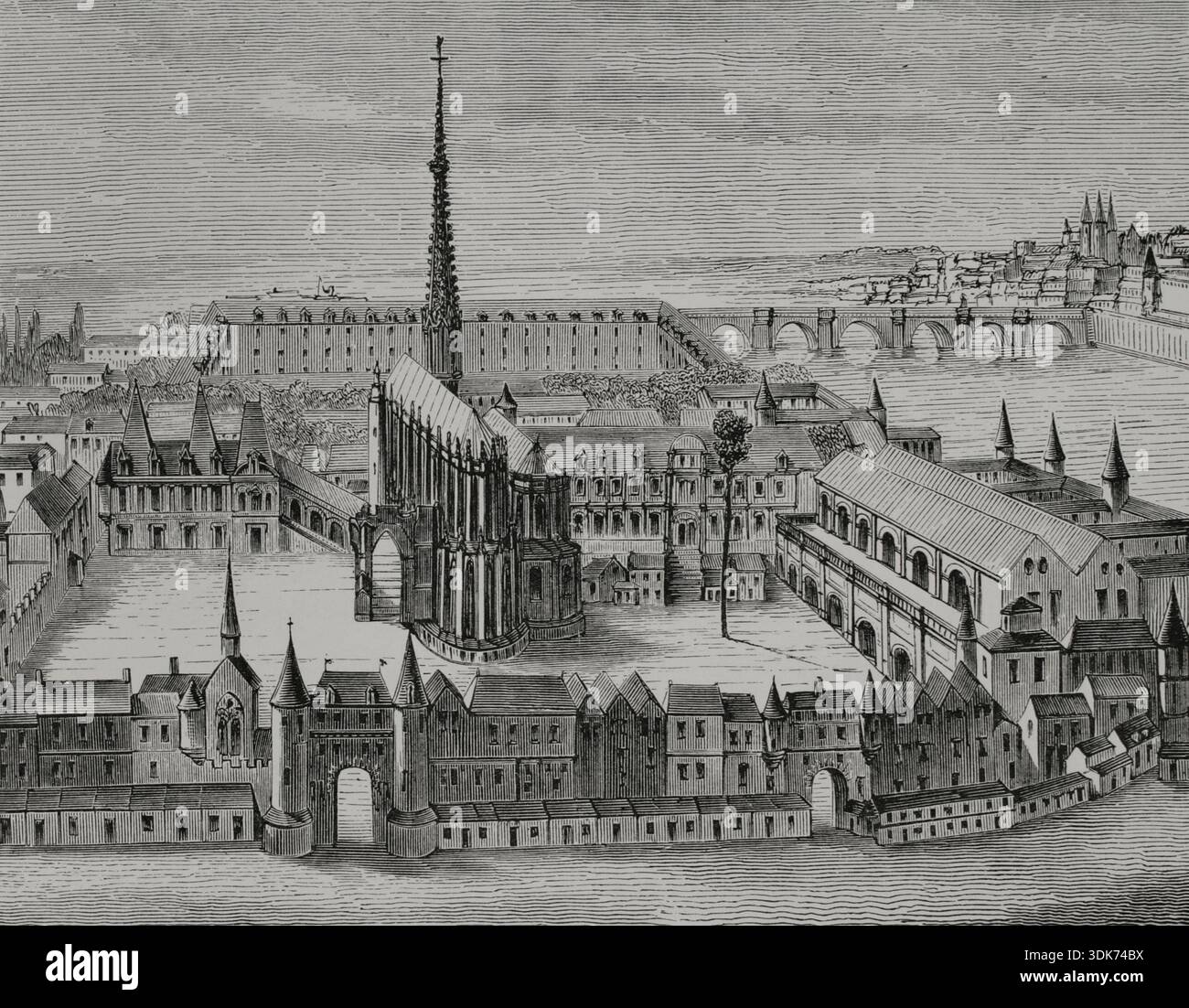 Le Palais et la Sainte-Chapelle au XVIe siècle, Paris, France, 1878. Fac-similé de la gravure. Extrait de "moeurs, usages et costumes au moyen-âGE et à ; l'époque de la Renaissance" de Paul Lacroix, Paris, 1878. Banque D'Images