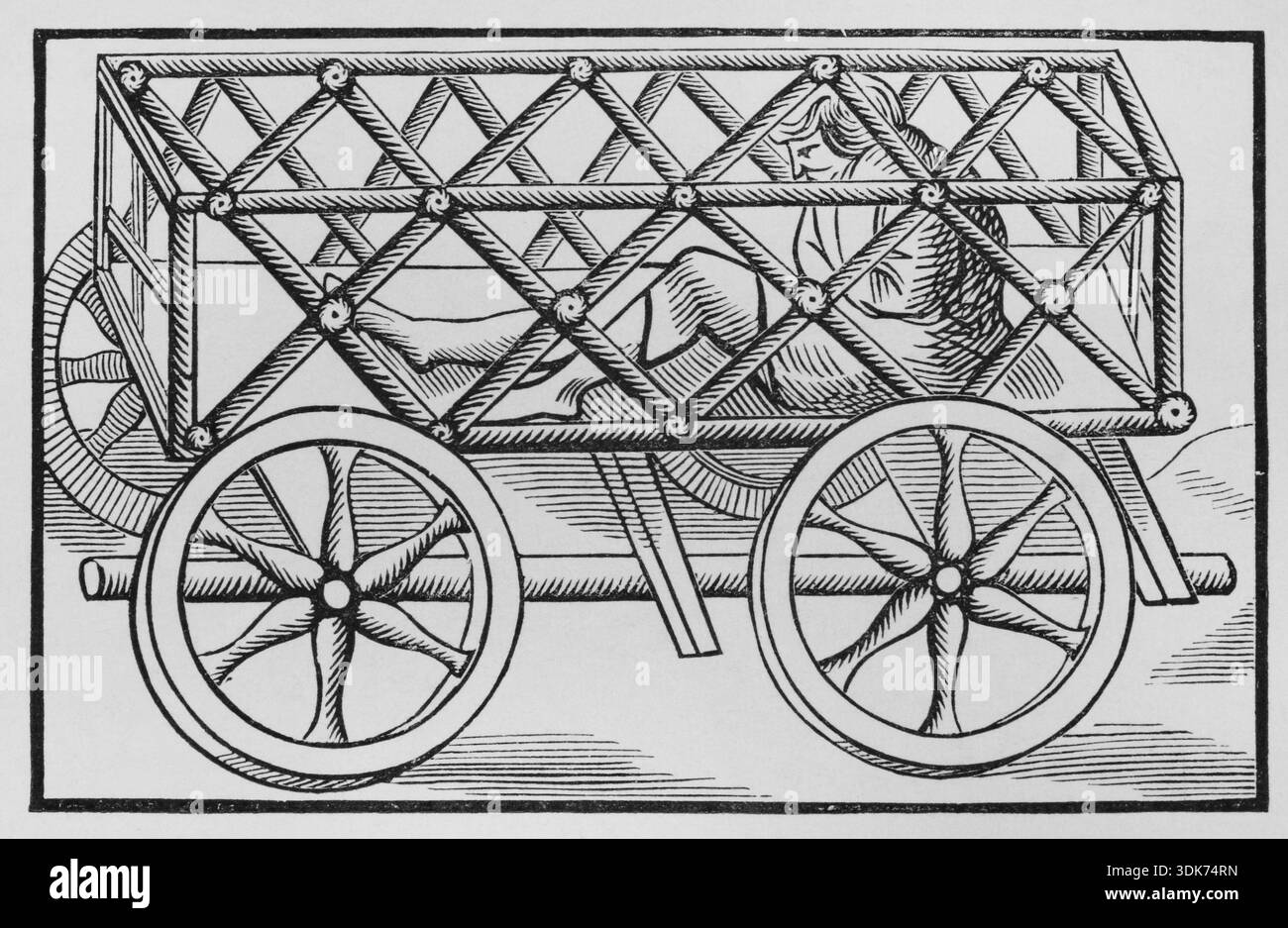 Cage de fer mobile, torture médiévale, (1878). Après une gravure sur bois dans le livre de Sebastian MüNster "Cosmographia universalis", publié à Bâle en 1552. Extrait de "moeurs, usages et costumes au moyen-âGE et à ; l'époque de la Renaissance" de Paul Lacroix, Paris, 1878. Banque D'Images
