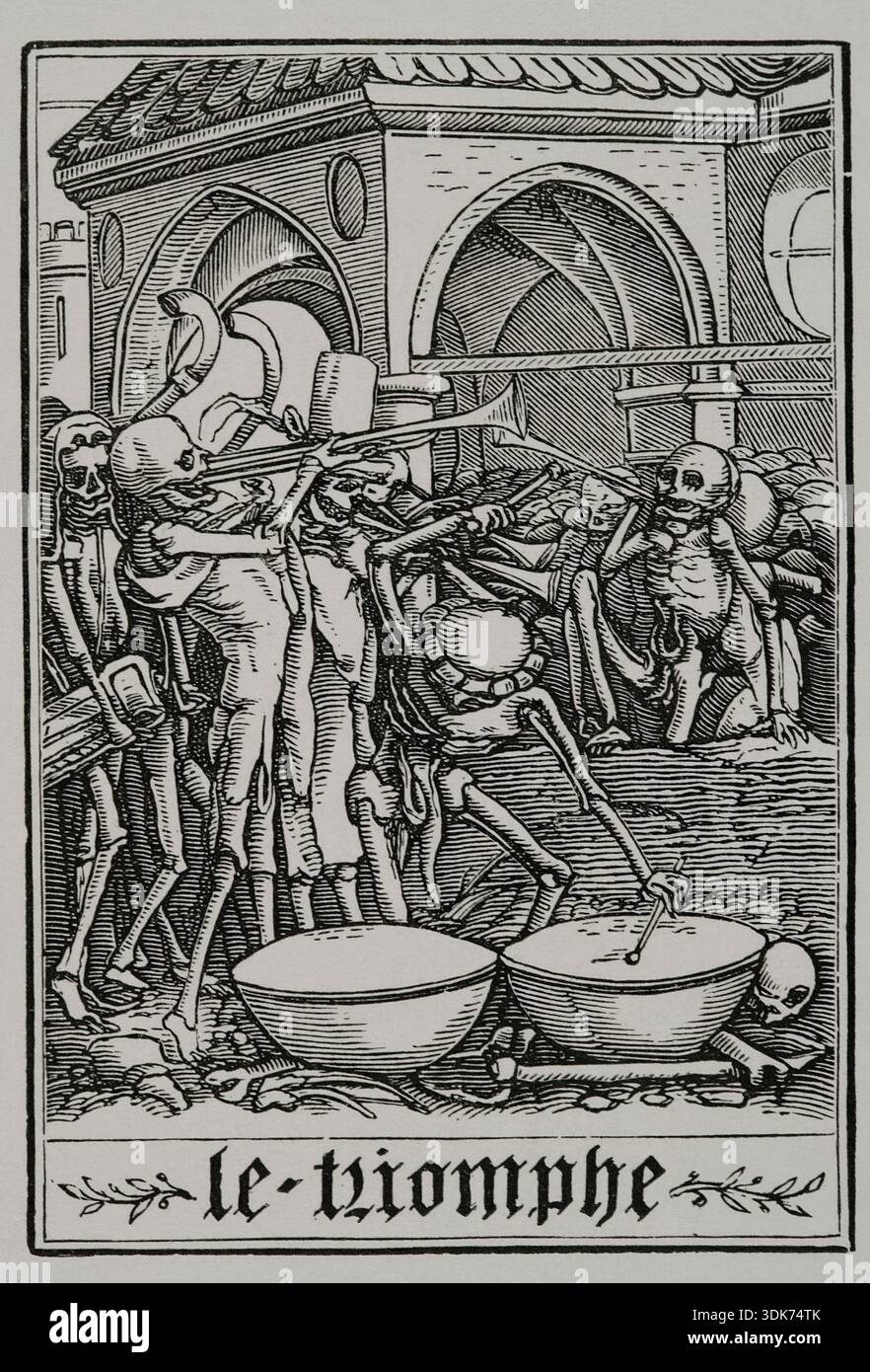 Le triomphe - os de tous les morts, 1538, (1877). Un squelette battant deux instruments semblables à une batterie, marquant le rythme à d'autres squelettes qui jouent d'autres instruments semblables à des trompettes. Fac-similé d'une gravure appartenant à la série "la danse de la mort" de Hans Holbein le jeune, dans "les Simulachres et histoires facées de la mort", 1538. Extrait de "vie militaire et religieuse au moyen Age et à ; l'Epoque de la Renaissance", Paris, 1877. Banque D'Images