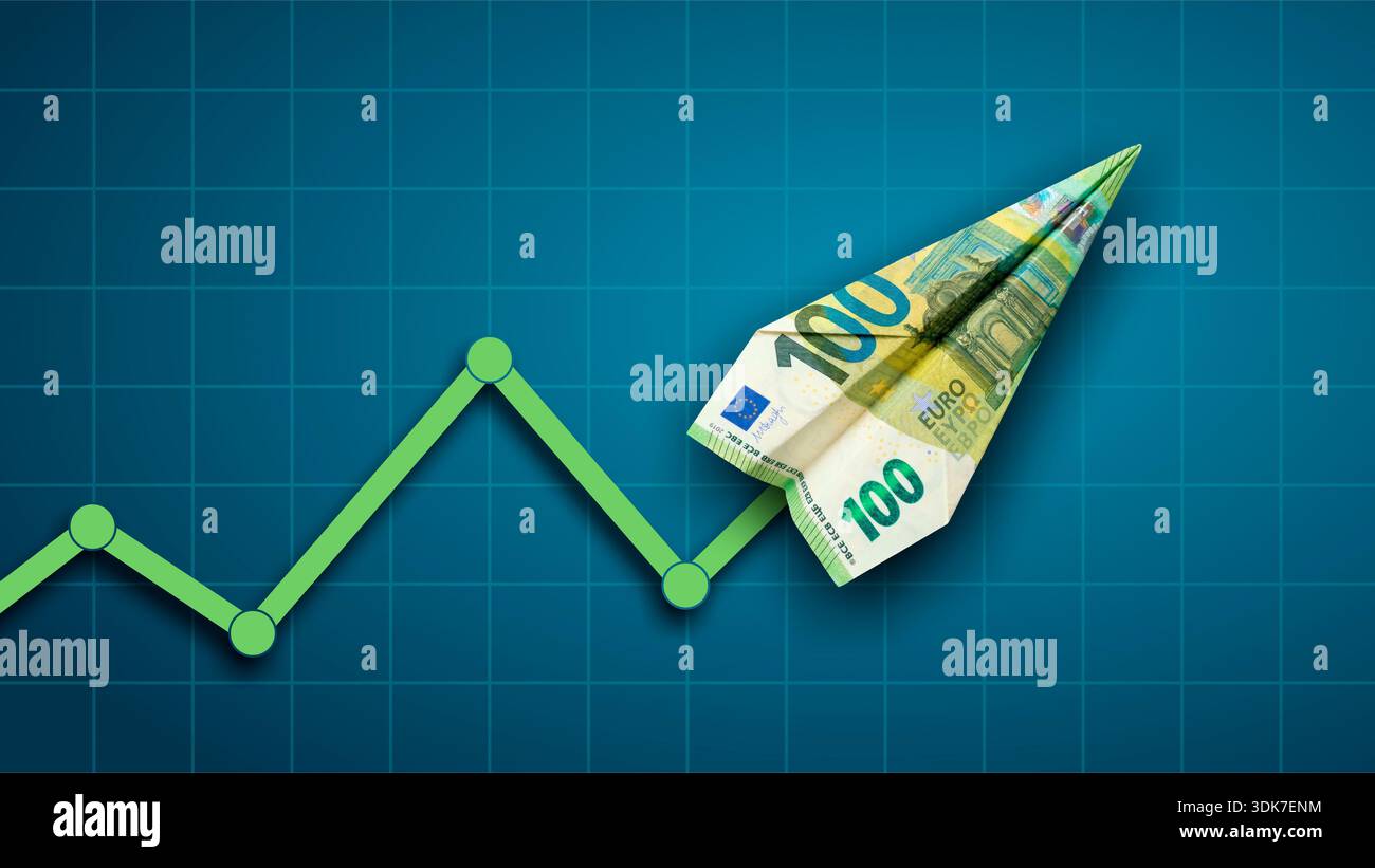 Tendance à la hausse : graphique à la hausse avec graphique et note en euros comme flèche Banque D'Images