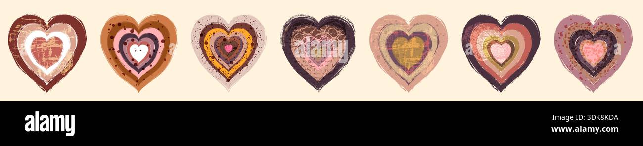 Vector Rustic Boho Heart Collection, dessins texturés dessinés à la main dans des tons terreux Illustration de Vecteur
