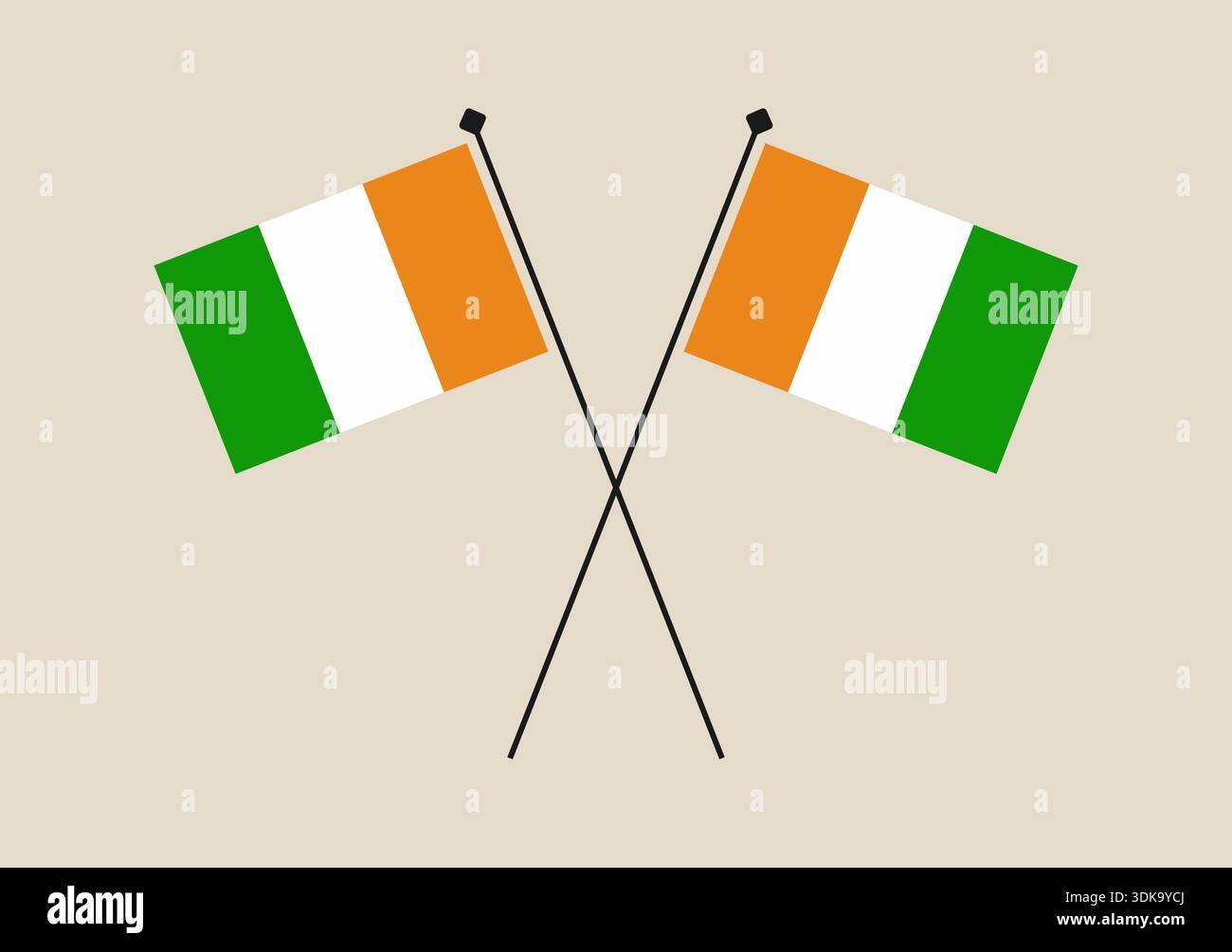 Deux drapeaux nationaux croisés irlandais et de Côte d'Ivoire symbolisant un partenariat international avec un design vectoriel minimaliste. Illustration de Vecteur