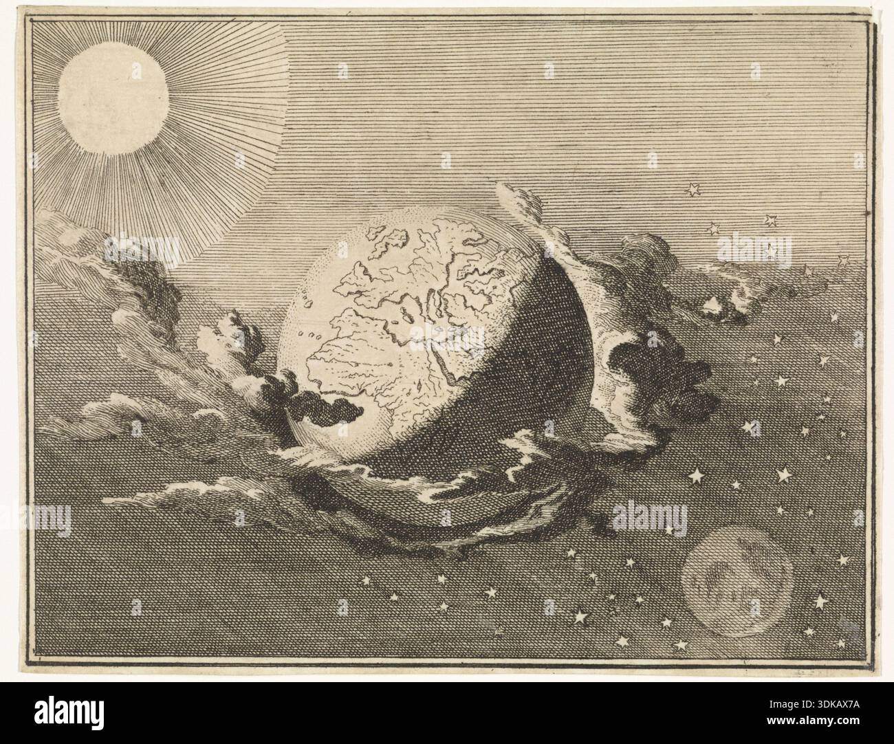L'univers avec la Terre, le soleil, la lune et les étoiles. Plaque astronomique montrant une représentation symbolique du cosmos, avec la Terre entourée de nuages, du soleil, de la lune et des étoiles, gravée par Caspar Luyken en 1712. L'image reflète la pensée cosmologique et l'illustration scientifique du début du XVIIIe siècle. Banque D'Images