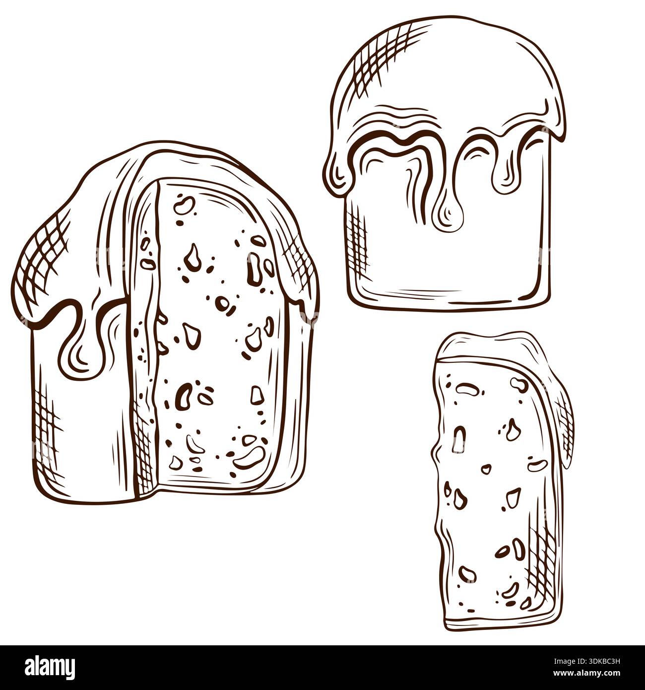 Un dessin au trait illustratif de trois gâteaux de Pâques différents avec une décoration détaillée et une texture sur un fond blanc, créant une œuvre de cuit compris Banque D'Images