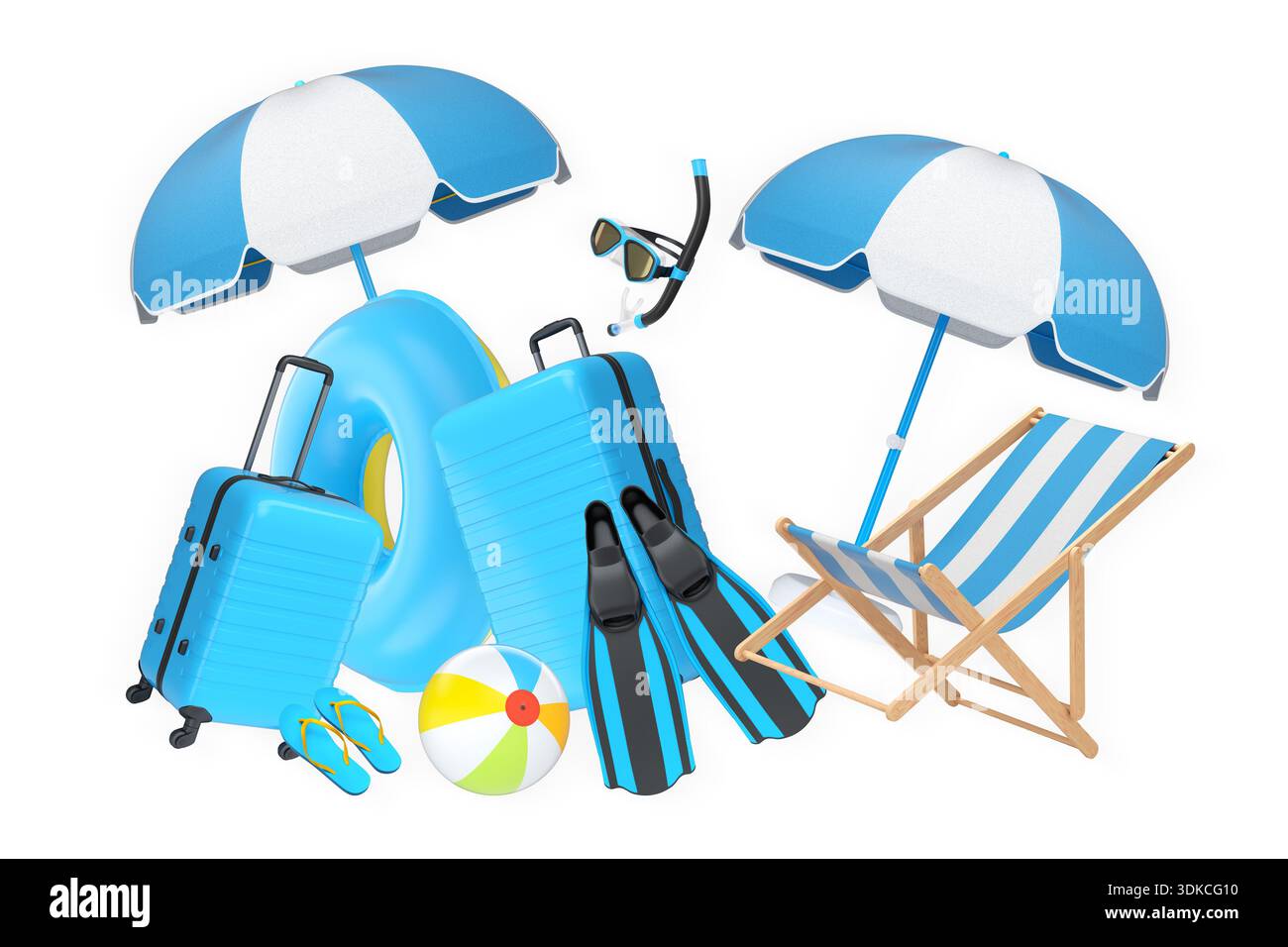 Articles de vacances d'été, y compris les valises, ballons de plage, chaise et accessoires sur fond blanc, concept de voyage de vacances Banque D'Images
