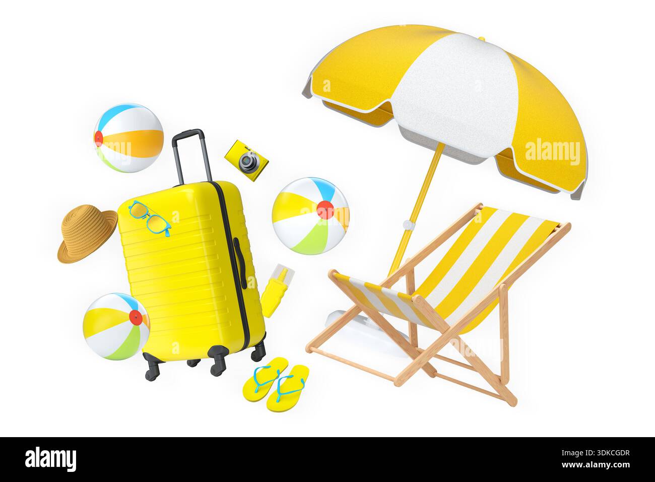 Articles de vacances d'été, y compris les valises, ballons de plage, chaise et accessoires sur fond blanc, concept de voyage de vacances Banque D'Images