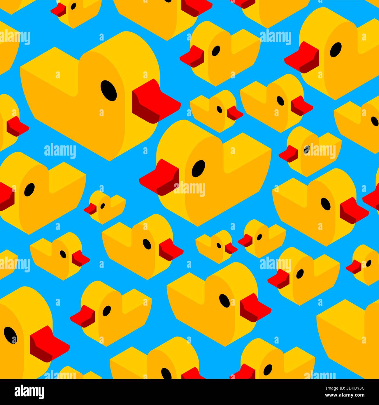 motif mettant en vedette de nombreux canards en caoutchouc jaune isométrique sur un fond bleu vif. Ornement de salle de bain ludique et vibrant pour imprimés textiles, enfants Illustration de Vecteur