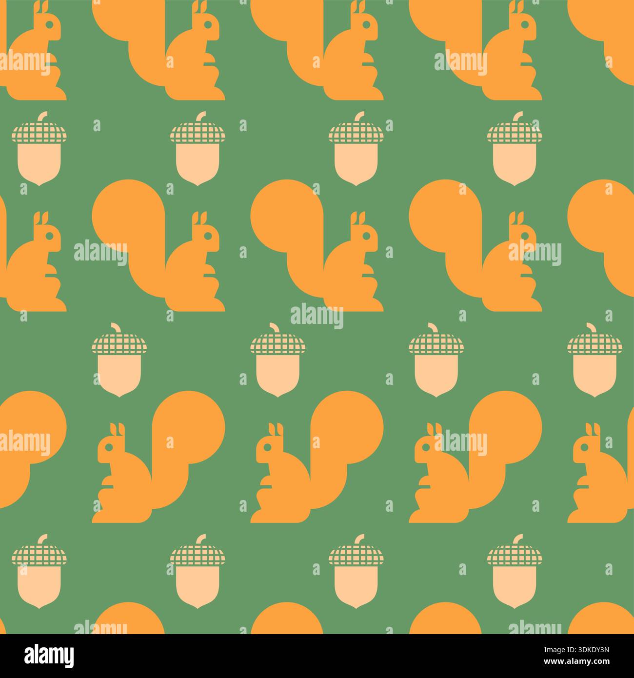 motif représentant des écureuils orange et des glands bruns sur un fond vert sourd. Ornement de forêt d'automne chaud pour impressions textiles, papiers peints saisonniers, Illustration de Vecteur