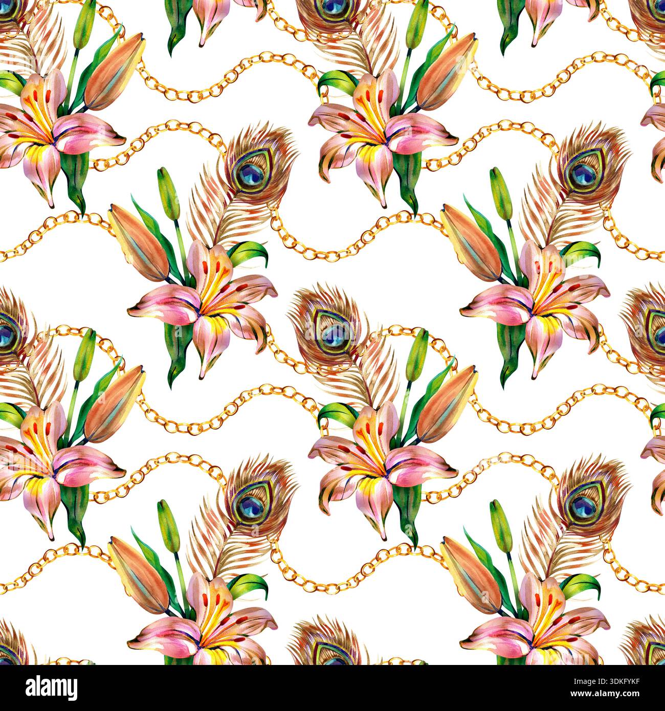 Luxueux motif aquarelle sans couture avec d'élégants lys roses et plumes de paon entrelacés avec des chaînes dorées. Un botanique sophistiqué Banque D'Images