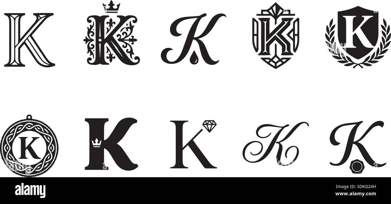 Lettre K logo Set isolé sur vecteur de fond transparent. Collection de logo de lettre K de style différent et de conception. Logo typographique, initiale, alphabet s. Illustration de Vecteur