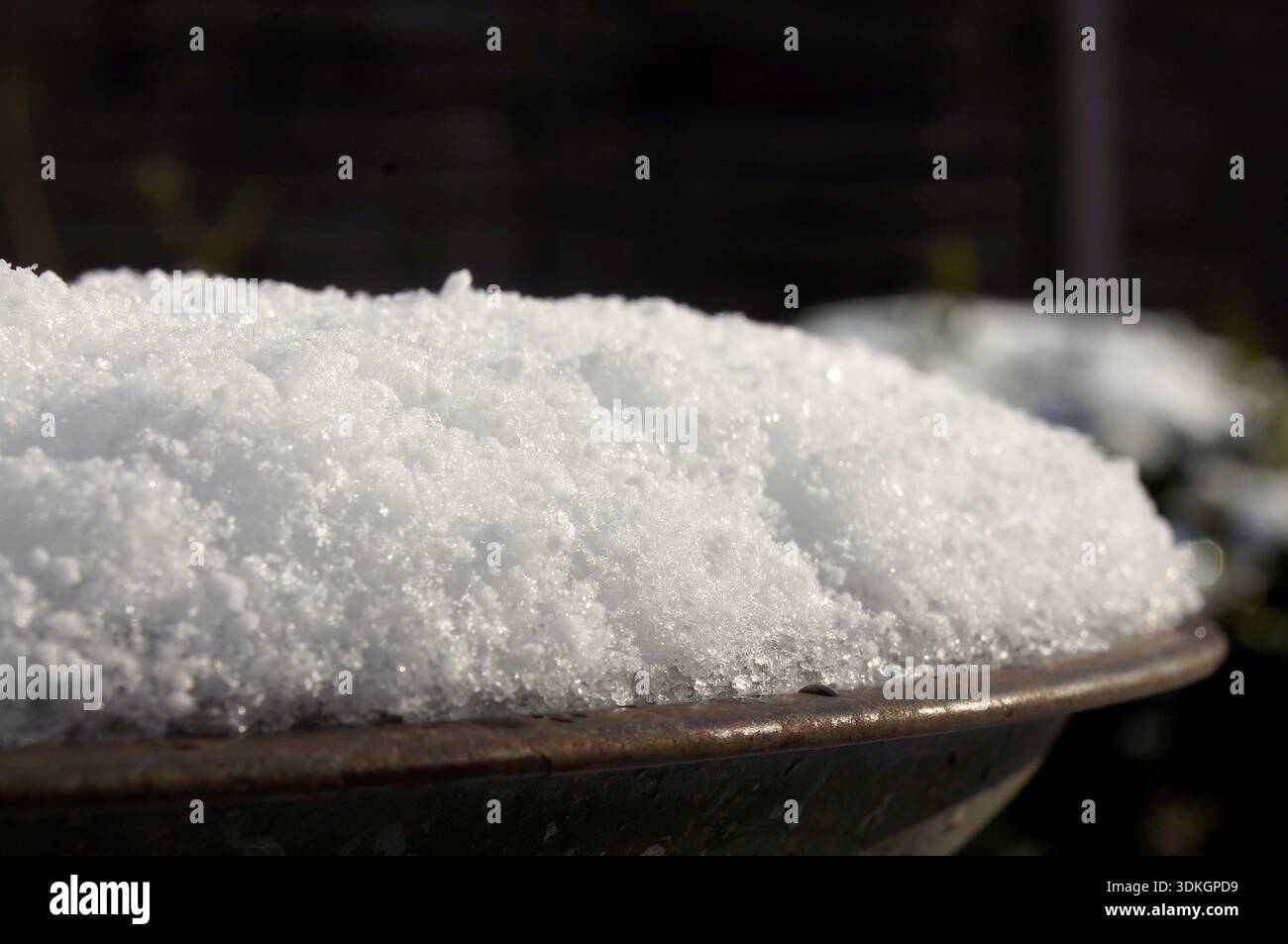 gros plan de la neige se transformant en cristaux de glace sur un bain d'oiseaux dans le jardin Banque D'Images