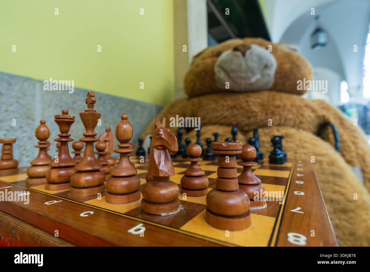 Gros plan d'un échiquier en bois avec des pièces d'échecs sculptées placées sur un coin de rue, avec un grand ours en peluche assis en arrière-plan. Banque D'Images