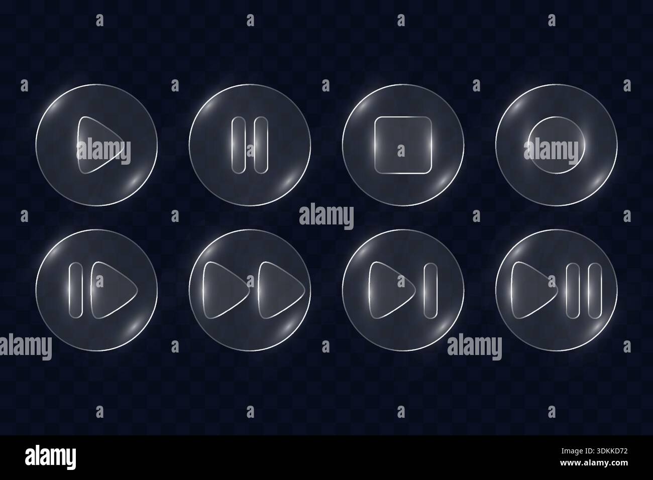 Boutons de lecteur vidéo Glassmorphism ensemble avec illustration vectorielle transparente d'icônes brillantes. Illustration de Vecteur