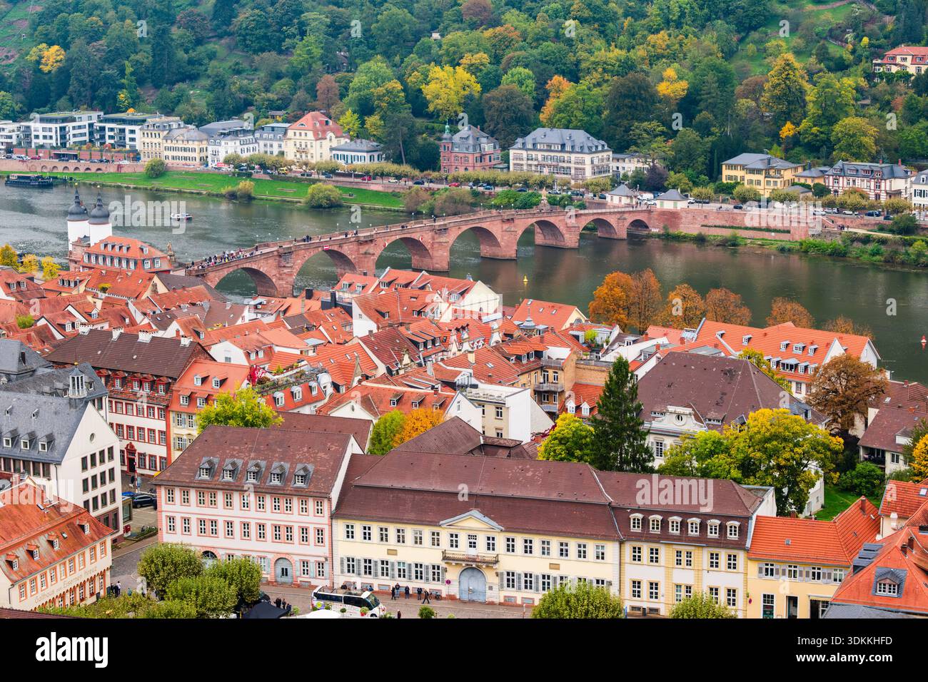 Vue élevée sur le fleuve Neckar et le vieux pont du XVIIIe siècle (Alte Brücke) dans la pittoresque ville allemande de Heidelberg, Bade-Württemberg, Allemagne, Europe Banque D'Images