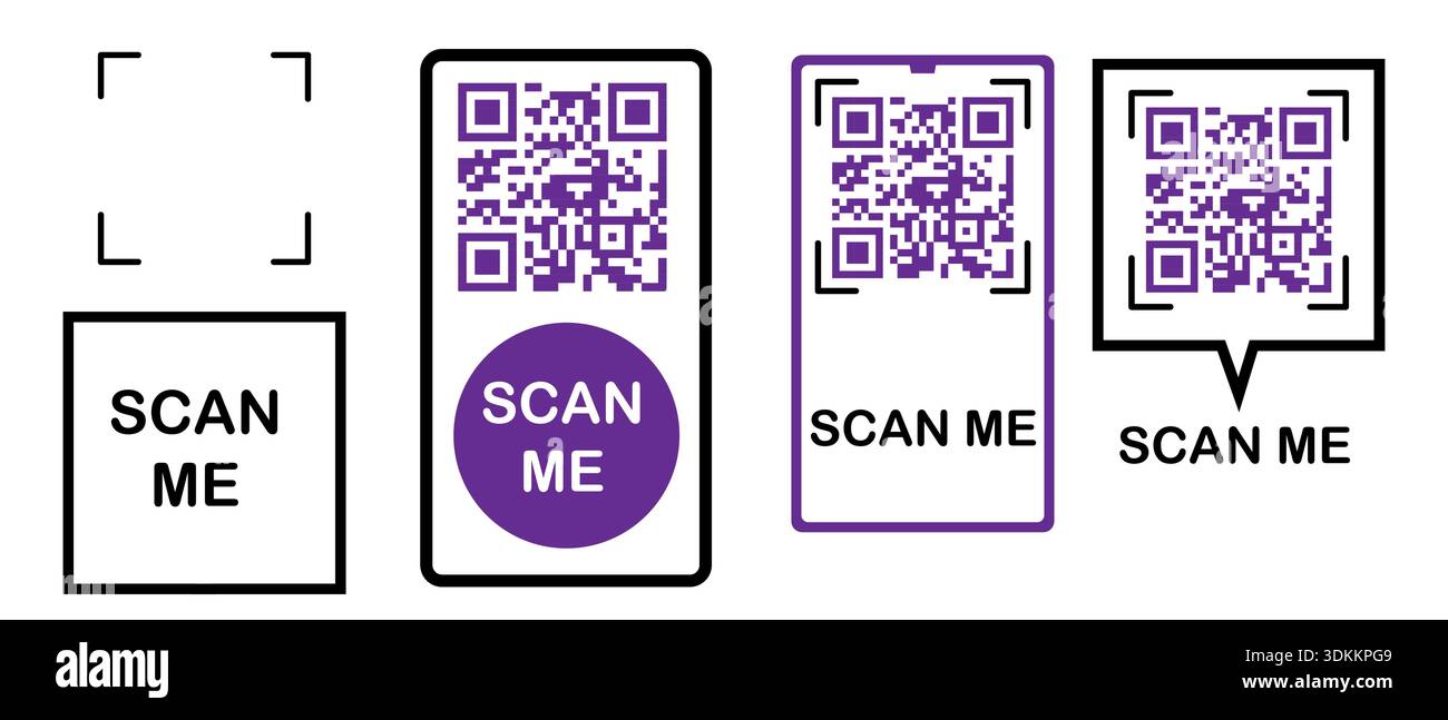 Scannez-moi. Scannez-moi les cadres autocollants de code QR avec des icônes mobiles. Bordures carrées vectorielles avec pictogrammes pour les applications téléphoniques, les boutiques en ligne et la conception moderne de l'interface utilisateur. Illustration de Vecteur