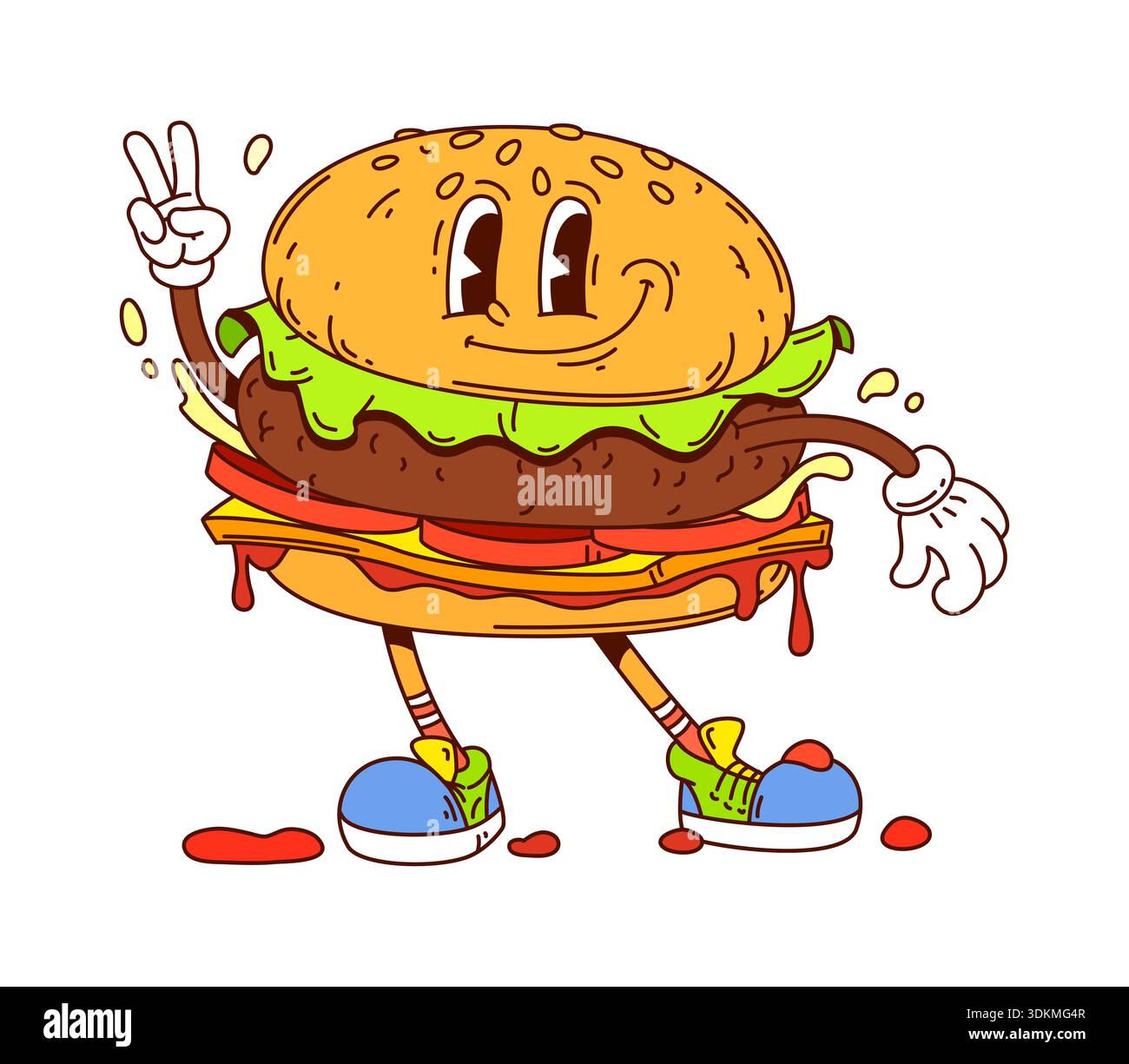 Personnage de burger souriant groovy de dessin animé funky Illustration de Vecteur