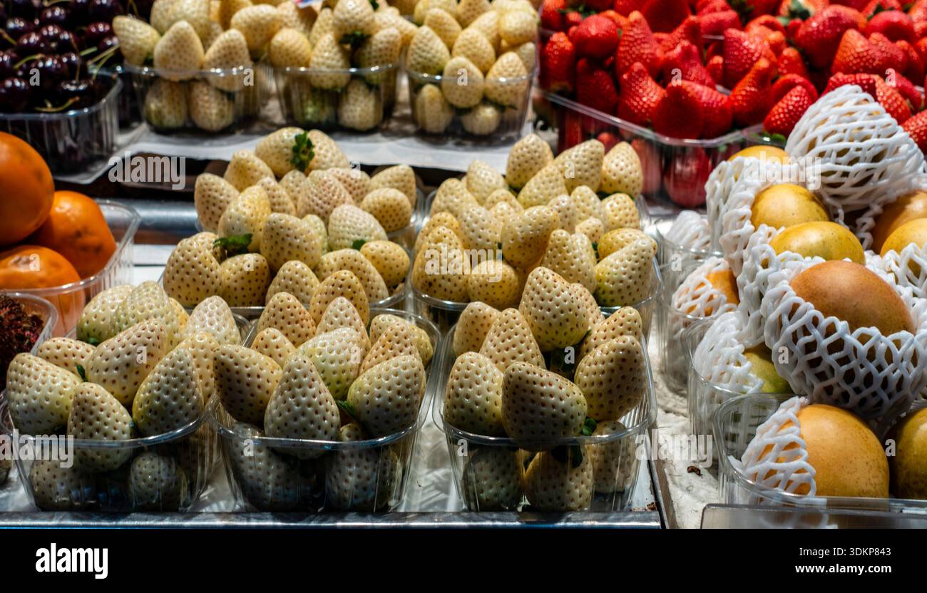 Des fraises blanches rares mettent en valeur le cœur culinaire et culturel dynamique du Mercat Central de Valence. Banque D'Images
