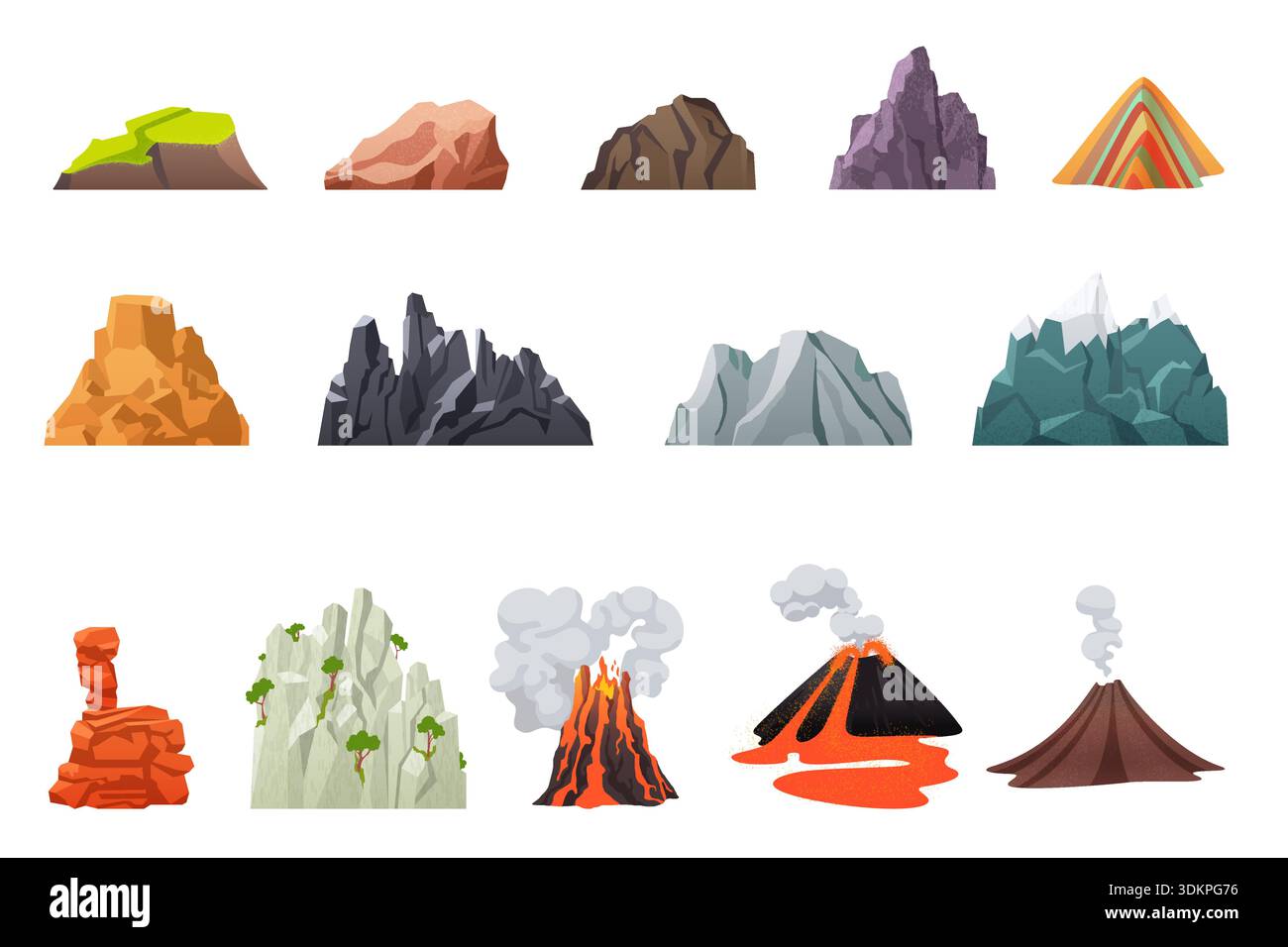 Collection de montagnes rocheuses de bande dessinée, falaises et volcans en éruption dans diverses formes et couleurs, idéal pour la géologie, l'aventure et les concepts de la nature, isolé sur fond blanc illustration vectorielle Illustration de Vecteur