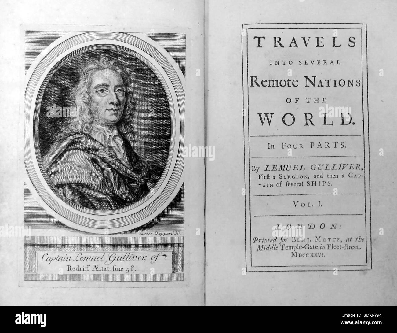 Première édition du roman de voyage de Gulliver de Jonathan Swift (1726) Banque D'Images